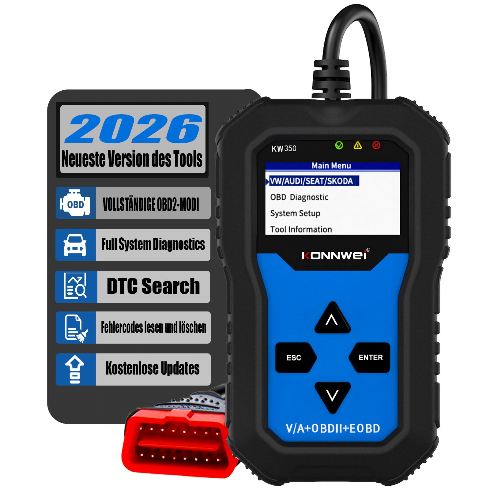 KONNWEI KW350 OBD2 Diagnosegerät fürs Auto, Profi KFZ Scanner für alle Fahrzeugsysteme, Fehlercodes lesen & löschen, OBDII/EOBD, Öl-Reset, EPB, Batterie, Drosselklappe, für VW Audi Skoda Seat