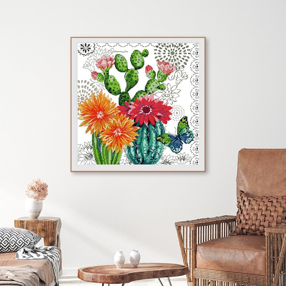 Qeerysew Cross Stitch Kits Stamped Full Range of Embroidery Starter Kits for Beginners DIY- Printed Kits Prickly Pear Flower(Printed) 11CT18.9x18.9inches