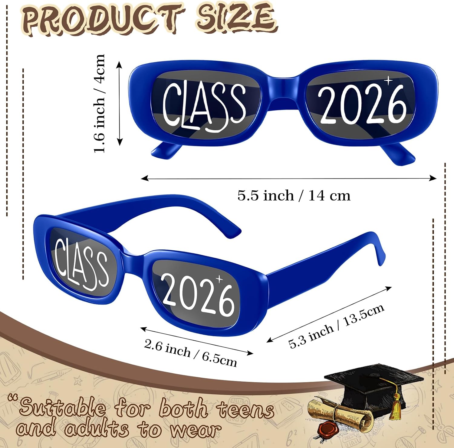 Cuffbow 24 Pcs 2026 Graduation Glasses Class of 2026 Sunglasses Bulk Plastic Eyeglasses Graduation Party Supplies Photo Booth Props (Blue)