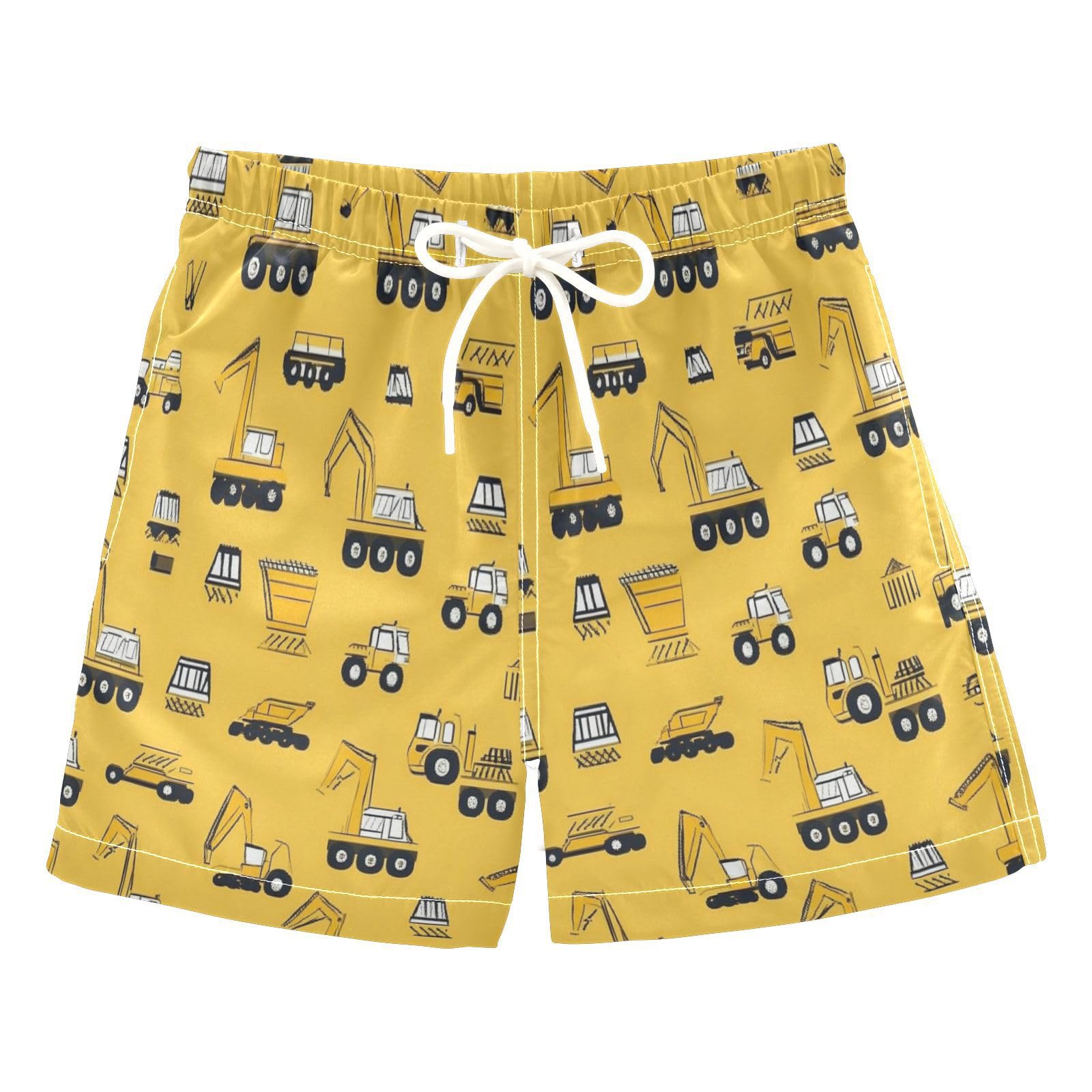 Boccsty Construction Machines Tractor Yellow Trucks Boys Swim Trunks Summer Big Kids Beach Board Shorts Swimwear XS