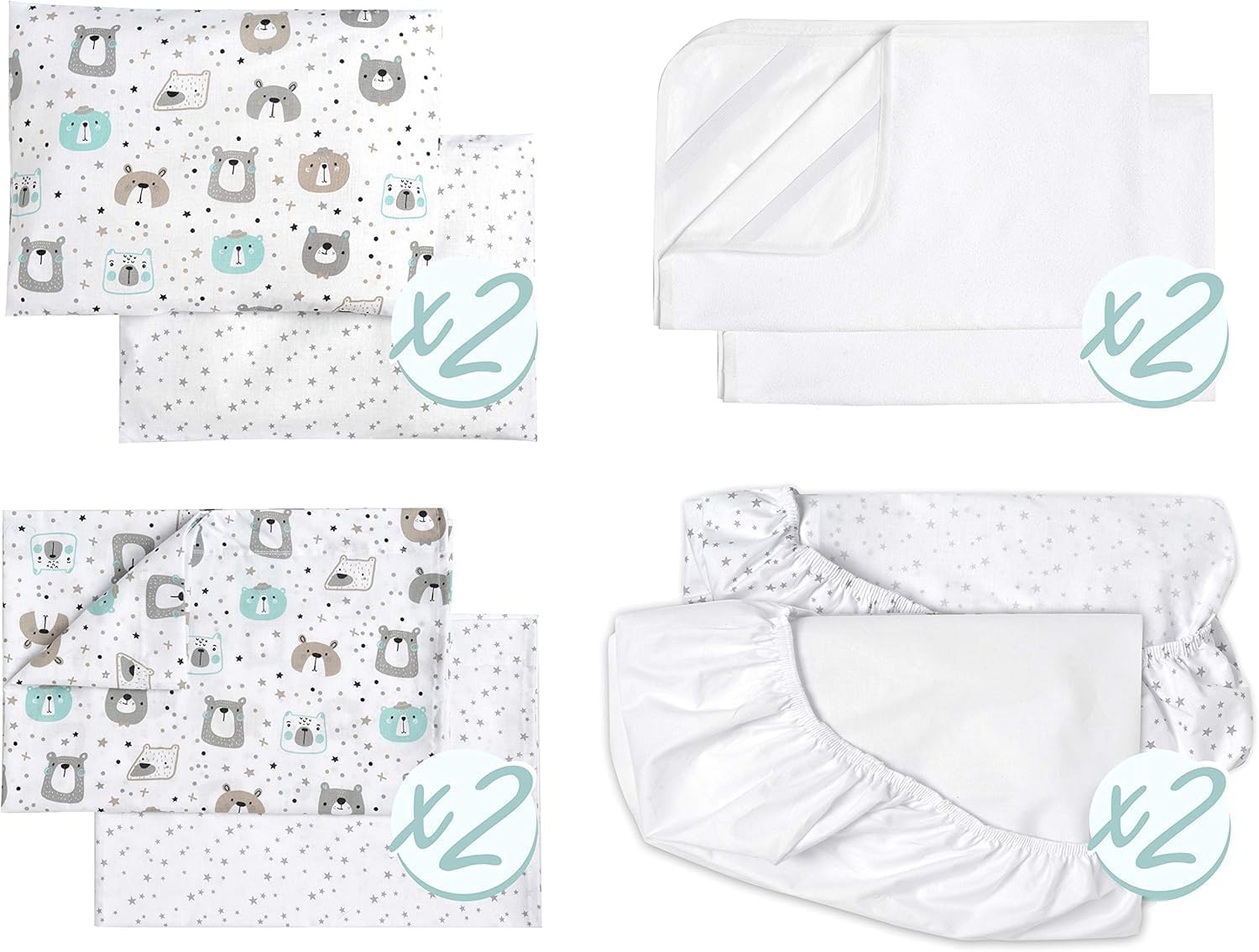 FlyIdeas Lenzuola Next2Me Set MAXI 8 pz, 100% Cotone con 2 Lenzuola Sotto, 2 Traverse Salva Pipi, 2 Lenzuola Sopra & 2 Federe Cuscino per Culle Fianco Letto Neonato e simili (Cute Bears, 83x50 cm)
