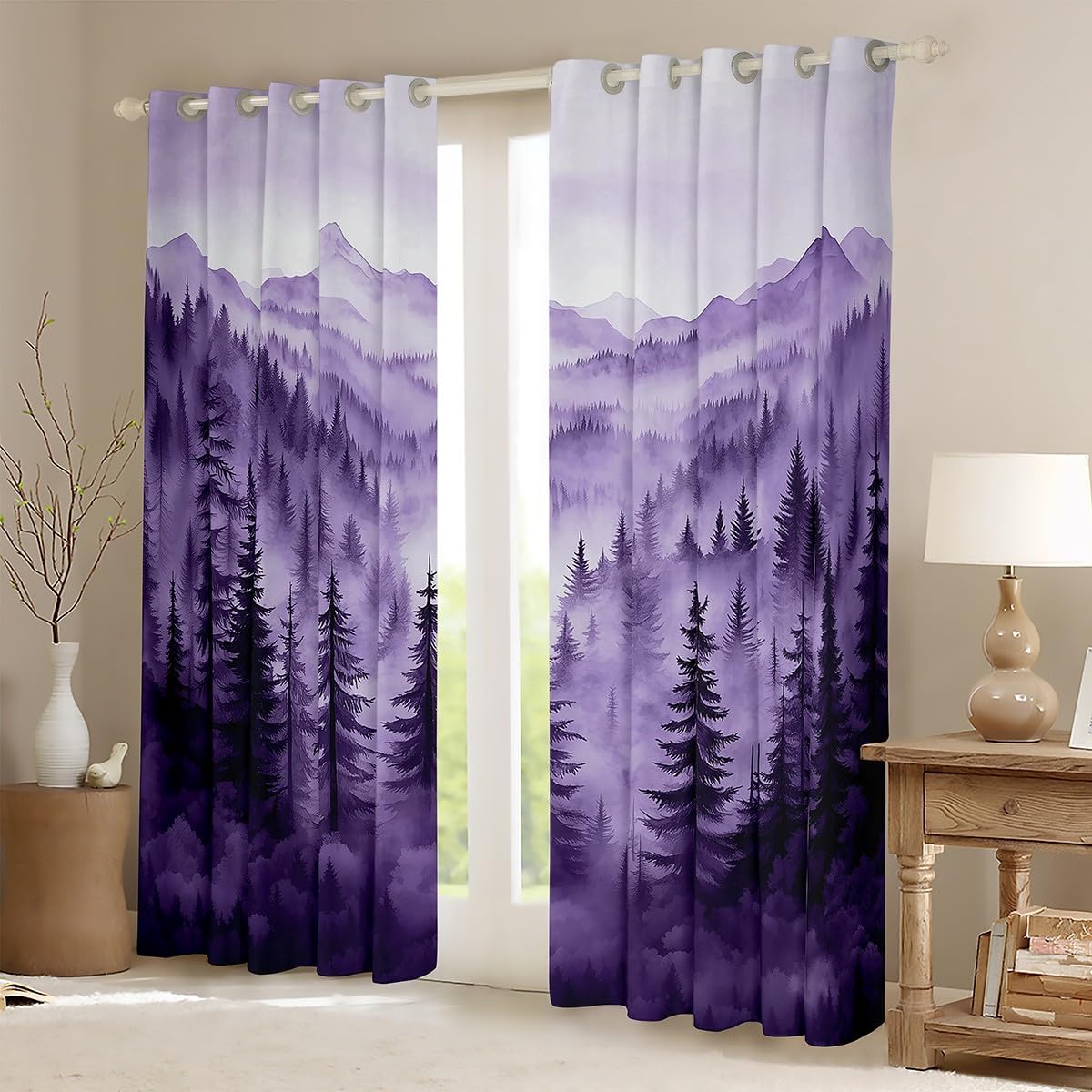 Erosebridal Purple Forest Curtains Drapes 38" Wx54 L,Rustic Woodland Pine Tree 50% Blackout Curtains,Jungle Smoky Mountain Window Curtains for Kids Women Retro Natural Landscape Curtains 2 Panels