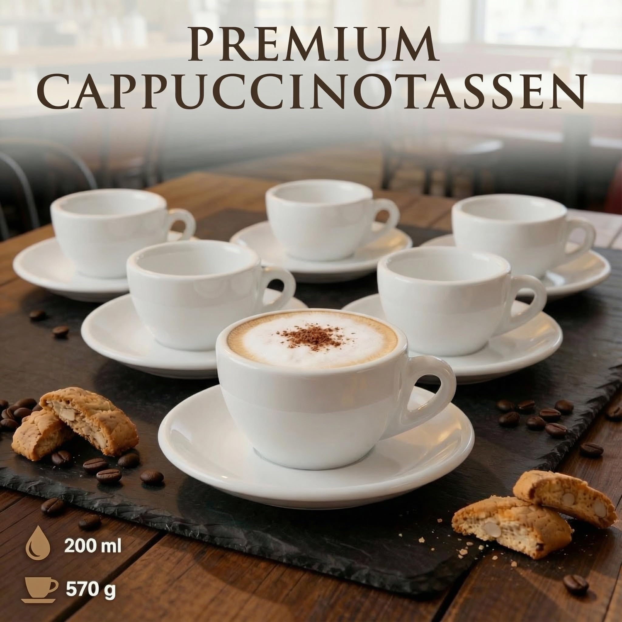 6x Cappuccinotassen | Weiß | Italian Style | dickwandig & schwer | spülmaschinenfest | Cappuccino 6er Set mit Untertassen - Geschenkset