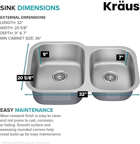 Vista 6 de Kraus, KBU24, fregadero de cocina con doble cavidad 60/40, de acero inoxidable, bajo cubierta de 32 pulgadas, de calibre 16, KBU24