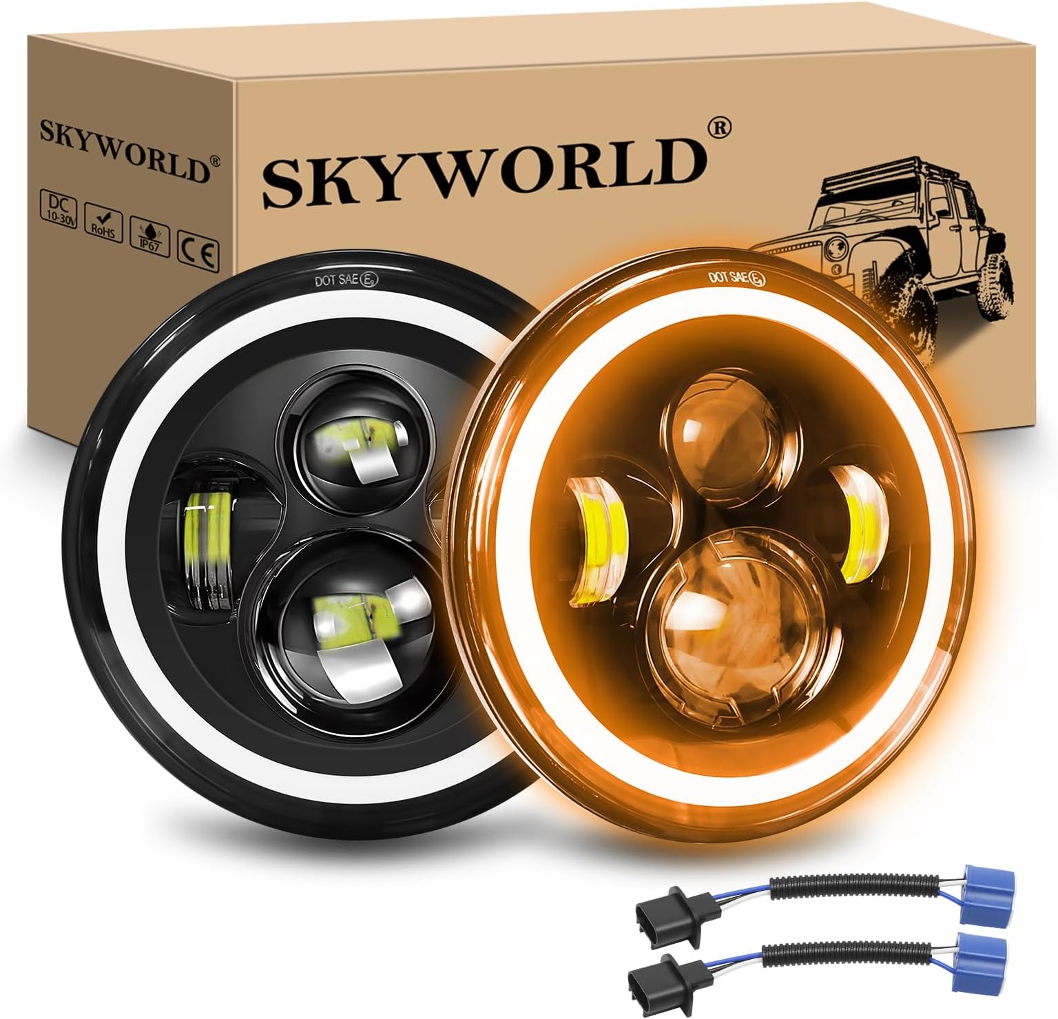 SKYWORLD 2PCS 7 inch LED Headlight, Round LED Projector Headlight with Amber Halo Turn Signal White DRL High/Low Beam 4 LEDs Angle Eyes Compatible with Wrangler JK LJ CJ TJ Motorbike Motorcycle