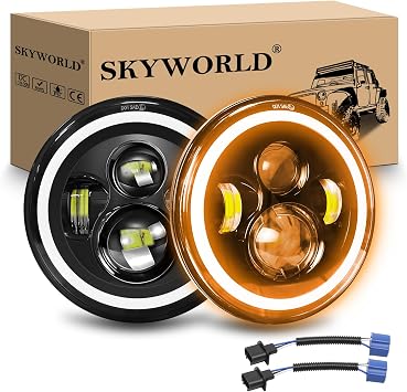 SKYWORLD 2 Pcs Round LED Headlights, 7 Inch LED Headlamp with Amber Halo