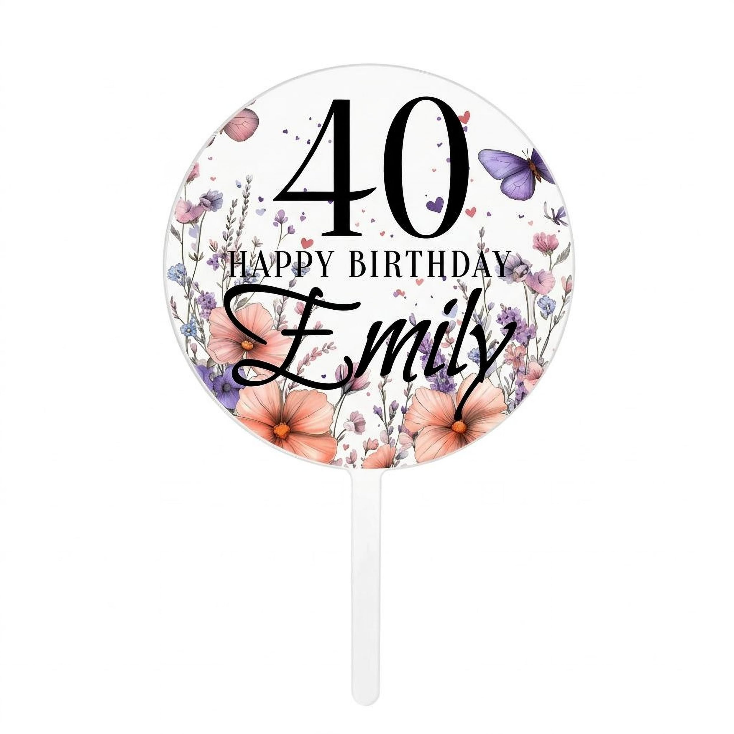 Custom Acrylic Birthday Cake Topper – Personalised Name & Age – Wildflower Design with Butterflies on Clear Round – Elegant Keepsake for Milestone Celebrations