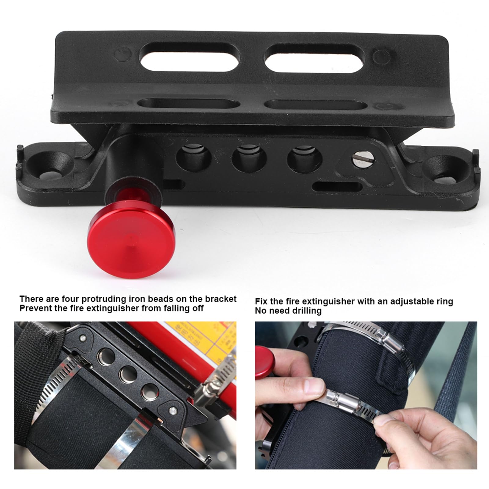 Extinguisher Mount, soporte ajustable para extintor compatible con JK Sport Sahara y Polaris 700 800 900 fijación segura en asiento nylon y aluminio liberación rápida sin taladrar