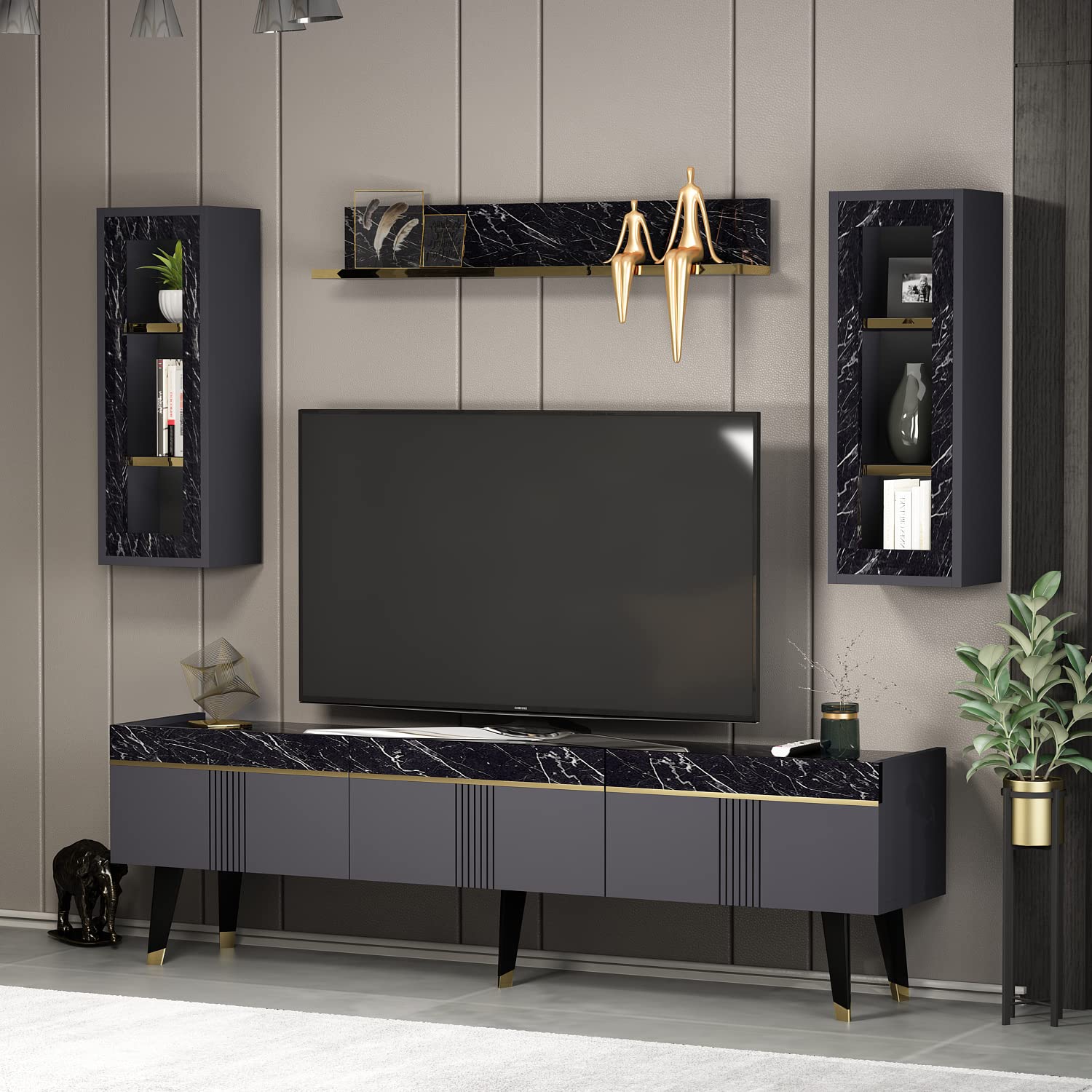 Homidea KARYA Wohnwand – Wohnzimmer TV Set – TV Schrank – TV Lowboard – Fernsehtisch - TV Möbel mit 3 Türen in modernem Design (Anthrazit/Marmor)