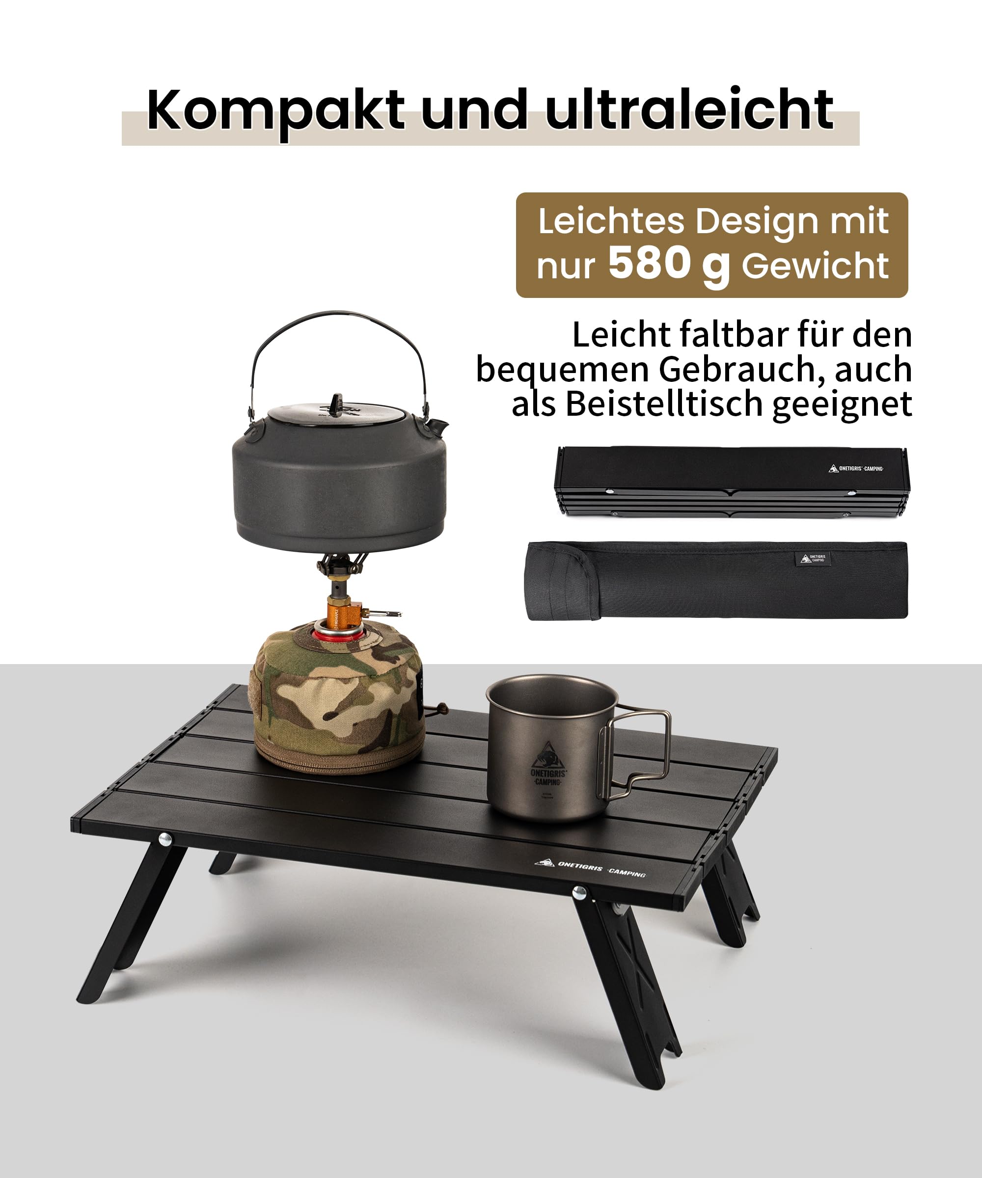 OneTigris Składany stół kempingowy, mały, aluminiowy, składany, na kemping, mini, ultralekki, przenośny, nośność do 30 kg, do aktywności na świeżym powietrzu, wędrówek (39,5 x 29 x 12,5 cm)
