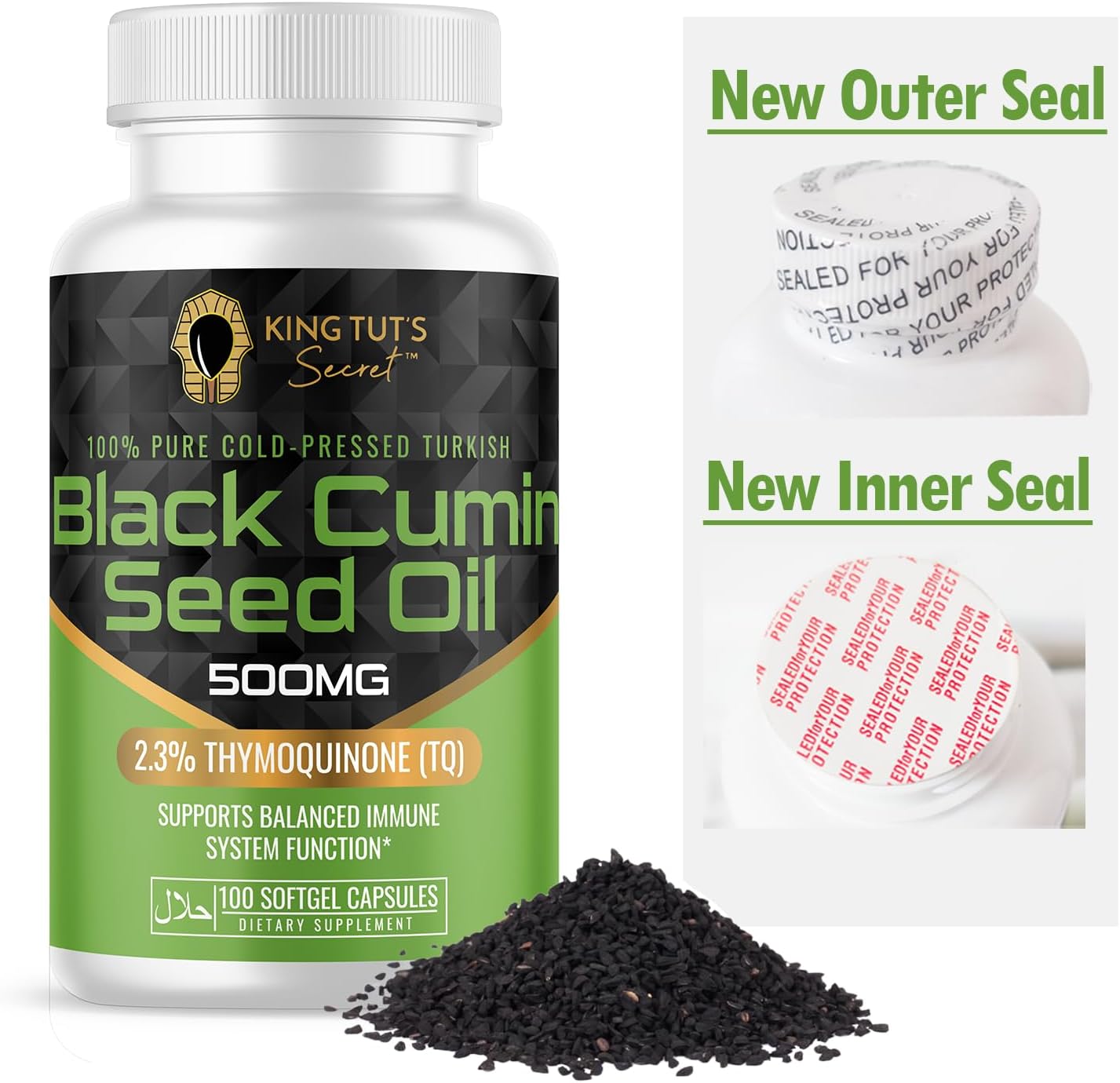 KING TUT'S SECRET Black Seed Capsules - 500 mg 100 Softgels - Nigella Sativa Extract, Black Cumin Supplement for Hair, Antioxidant Support, Immune System - Halal Black Seed Cumin Oil Capsules