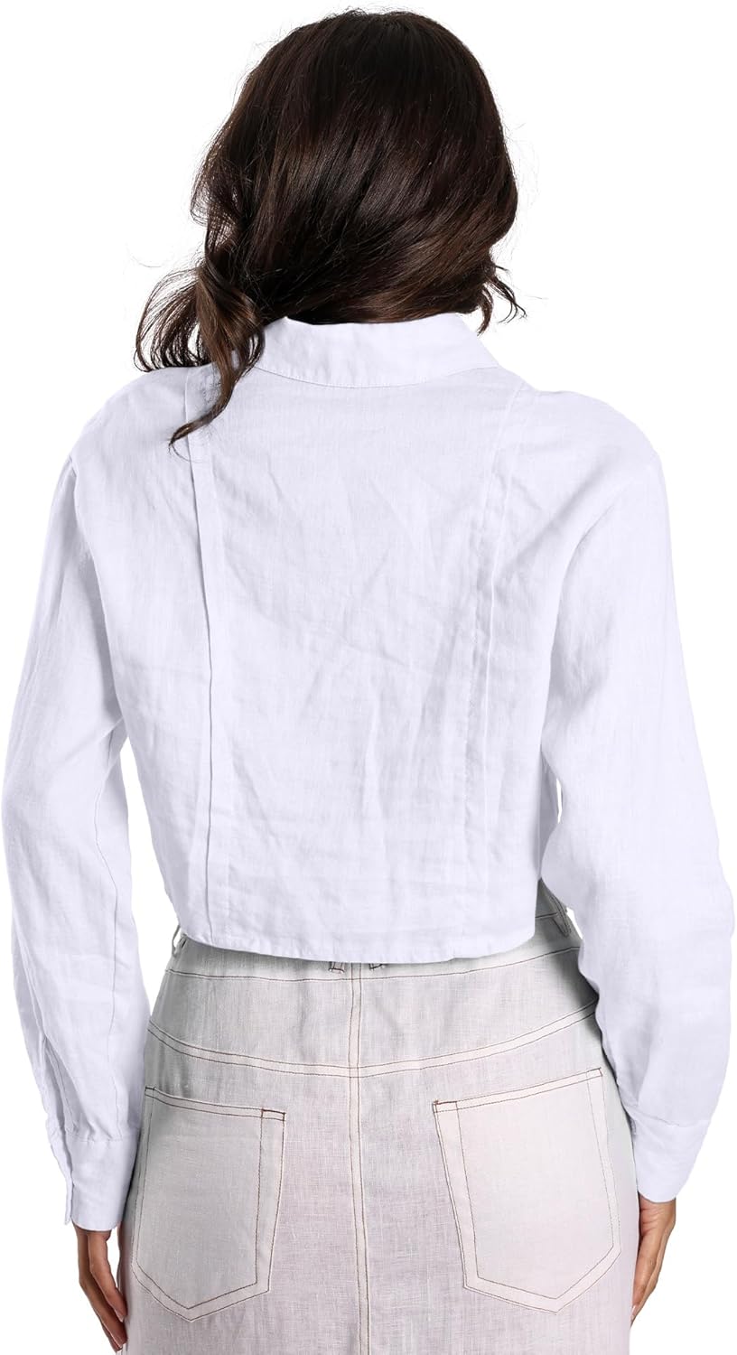 Womens Pure Linen Shirt Cropped Button Down Long Sleeve Trendy Blouse - Image 5
