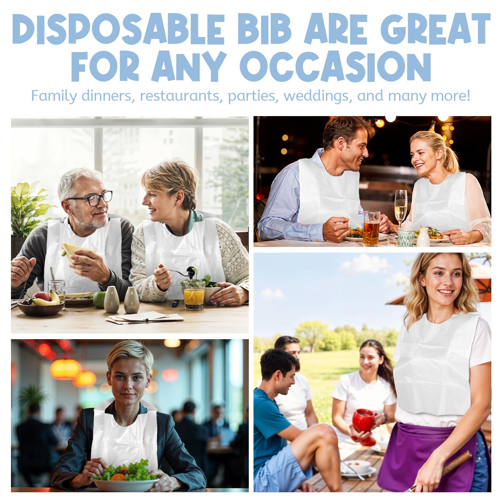 Baberos desechables, paquete de 30 baberos de plástico de 24 pulgadas para adultos para mujeres mayores y hombres mayores, impermeables y a prueba de aceite