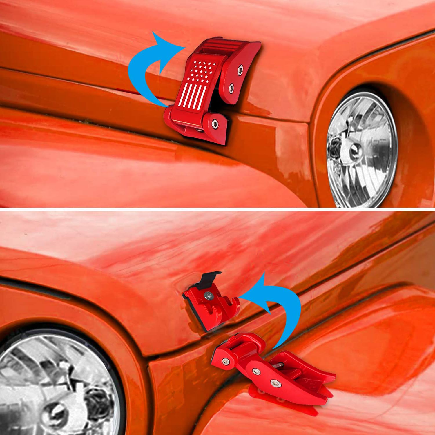 Motorhauben-Verschluss-Set aus Aluminium im US-Flaggen-Design for Jeep Wrangler JK JKU (2007-2018) und for Jeep Wrangler JL JLU (2018-2020) (Rot)