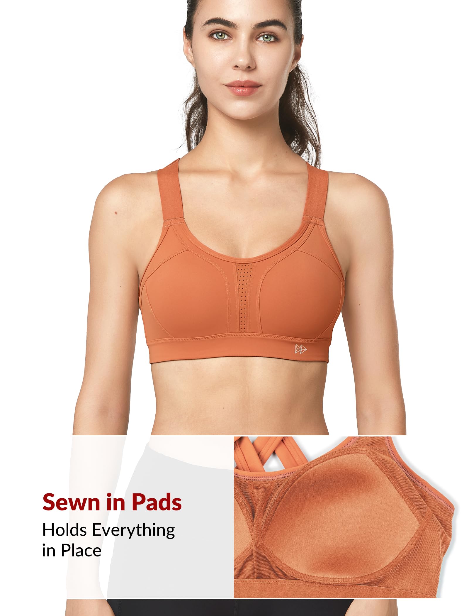 Yvette Soutien-gorge de sport réglable à fort impact croisé dans le dos, soutien complet pour poitrine large, sans rebond, Orange, M grande taille