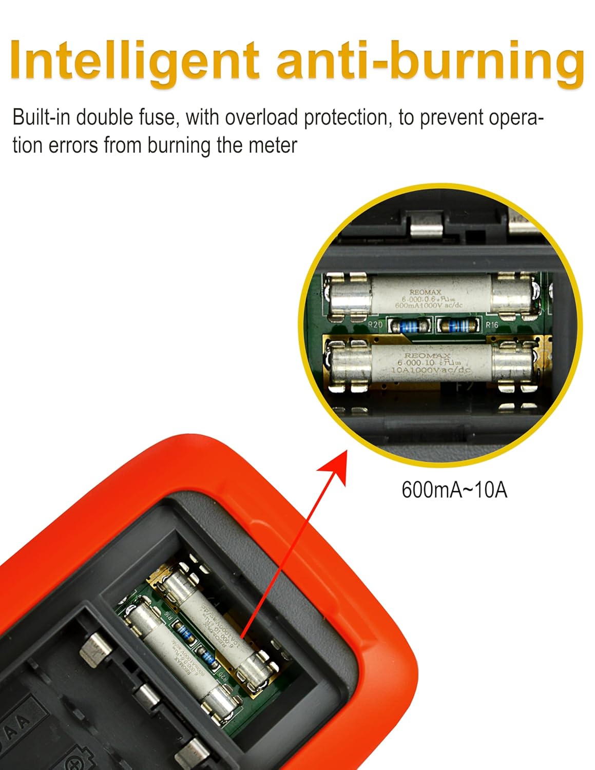 Interna view of the ZIBOO 15B PRO multimeter showing the double fuse protection