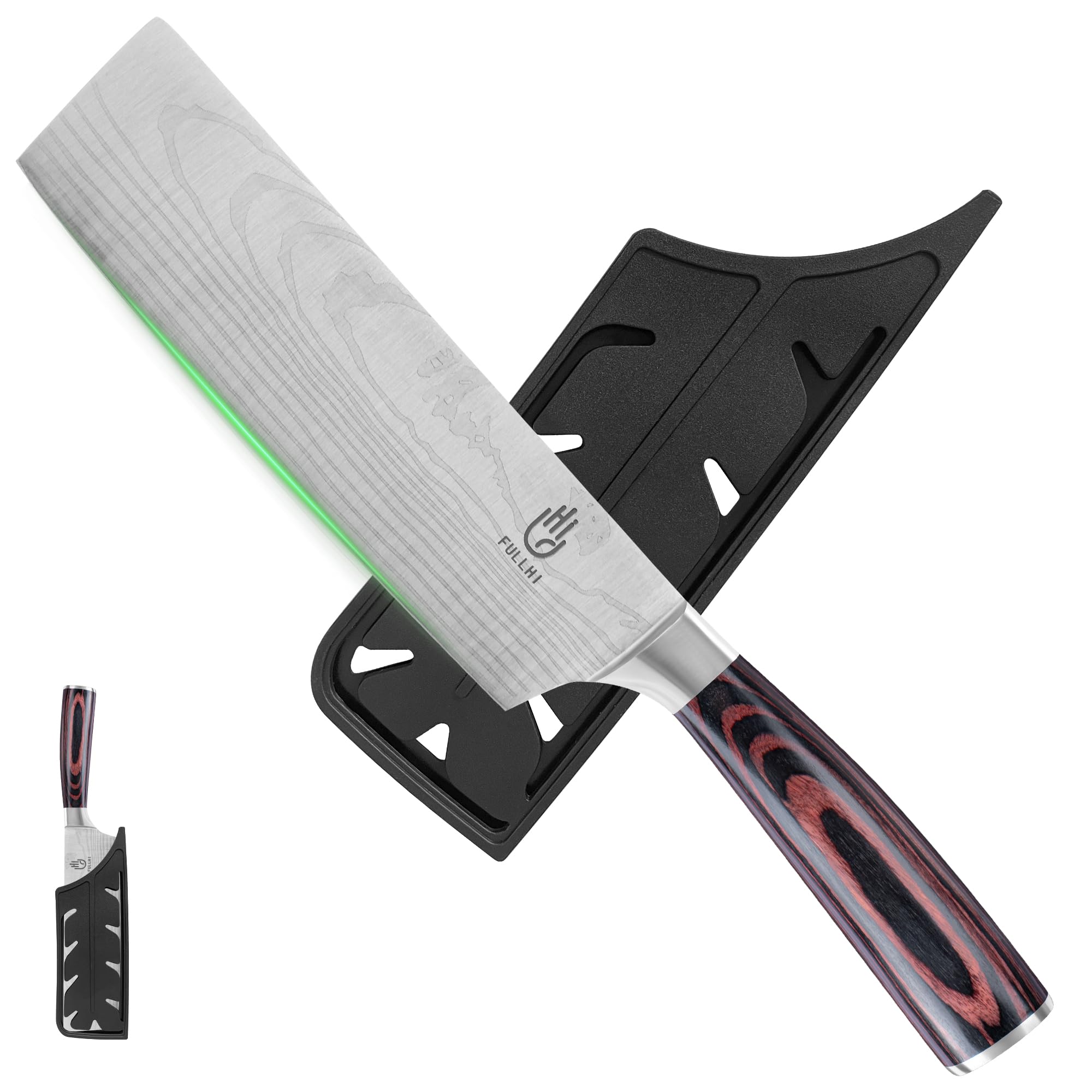 FULLHI Cuchillo Nakiri, Multi Color 7inch Cuchillo Japonés con funda, Acero Inoxidable Cuchillo Cocina Carne Verdura con Guarda (Madera Café)