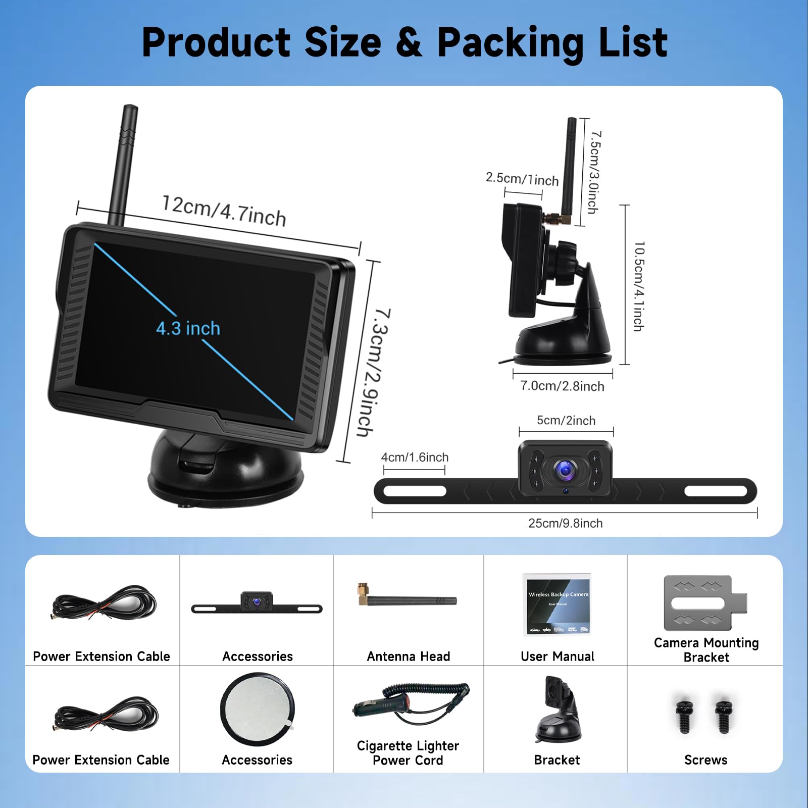 Rimoody kamera cofania bezprzewodowa IP69K 4,3 cala HD IPS monitor - bezprzewodowa pomoc w parkowaniu z regulowanymi liniami prowadzącymi, kamera 720P i 115° kąt widzenia dla samochodów osobowych