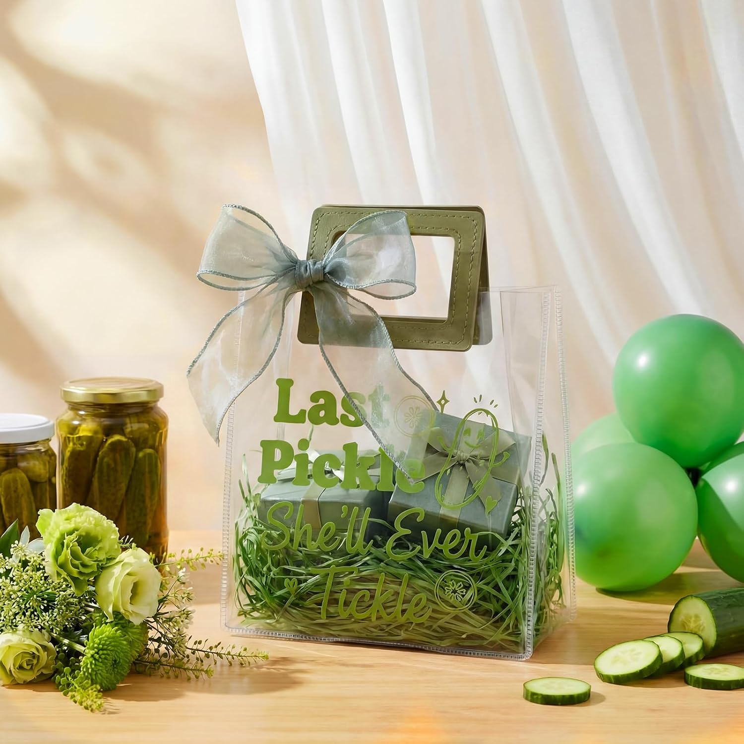 Gueevin 12 Set Bachelorette Gift Bags 7 x 4 x 8 Inch Last Pickle She'll Ever Tickle Party Clear Gift Bags with Handle and Sheer Ribbon Reusable Transparent PVC Totes for Bridal Shower Favors