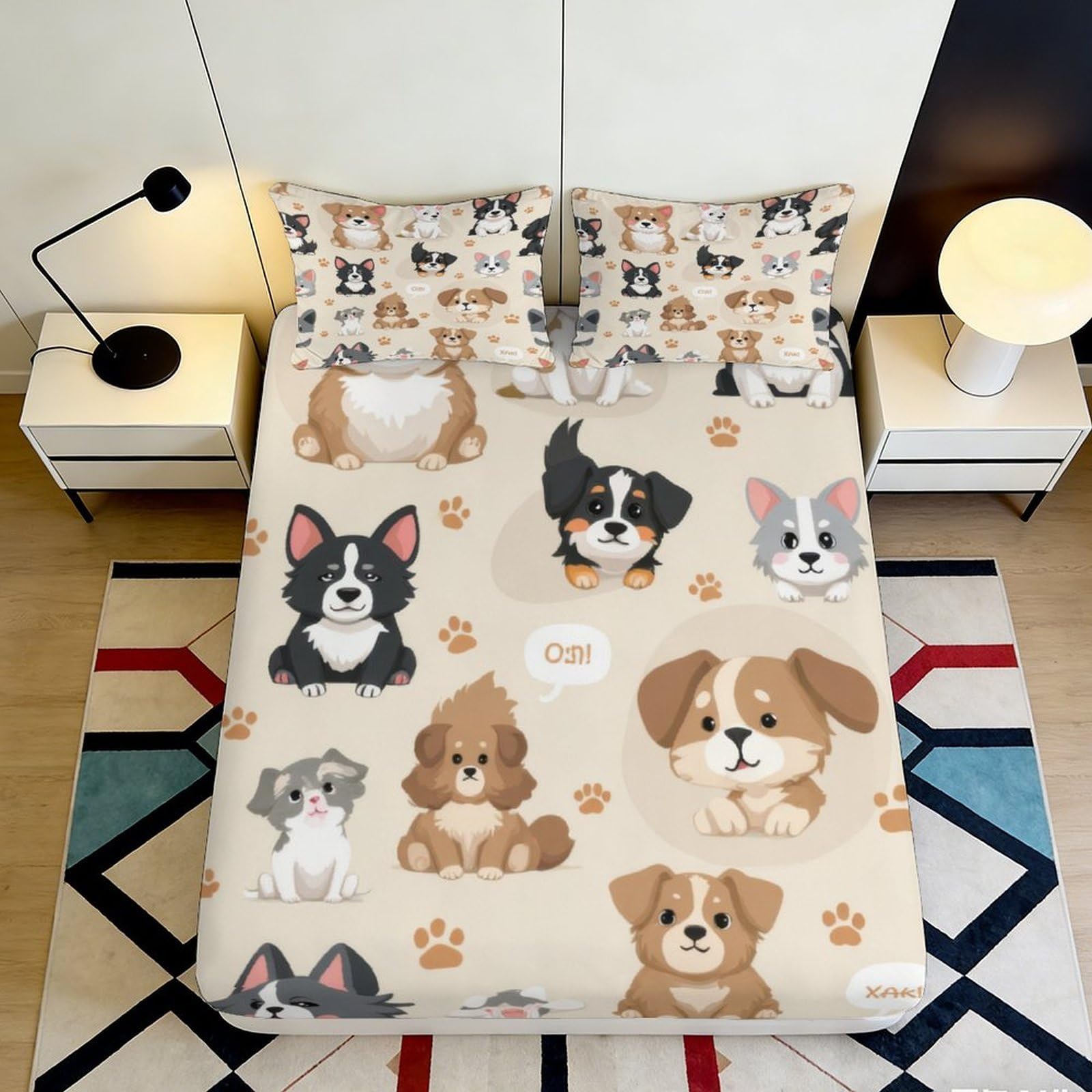 3D Printed Cartoon Puppy Fitted Sheet Microfiber Anti-Slip Dog Pattern Mattress Cover for Bedroom Guest Room Machine Washable 200x200x25cm
