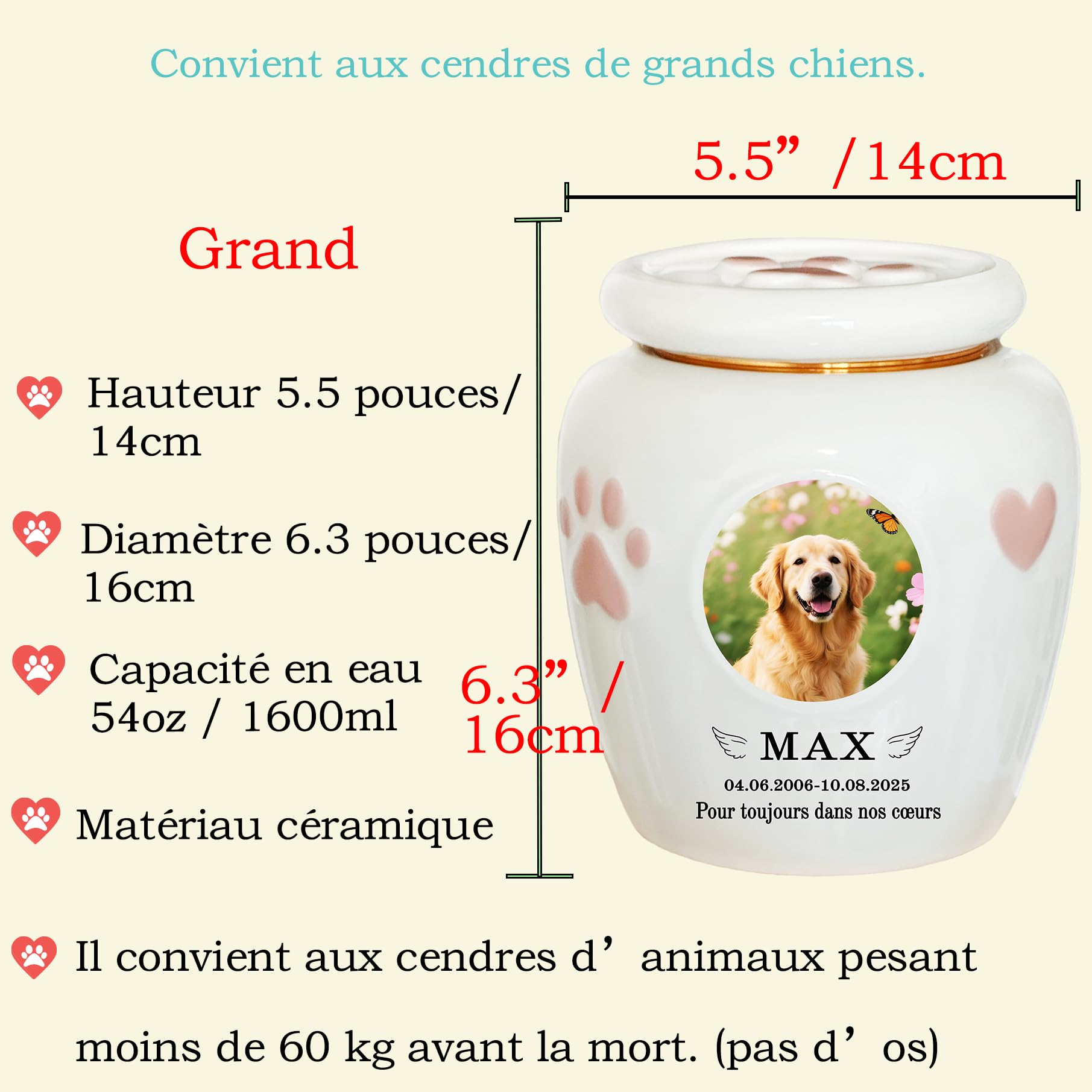 Urne personnalisée pour animaux de compagnie, urne à cendres de chien, urne pour chat, boîte à souvenirs en céramique, personnalisation faite à la main (Cendres de grande taille ≤ 50 kg (pas d’os))