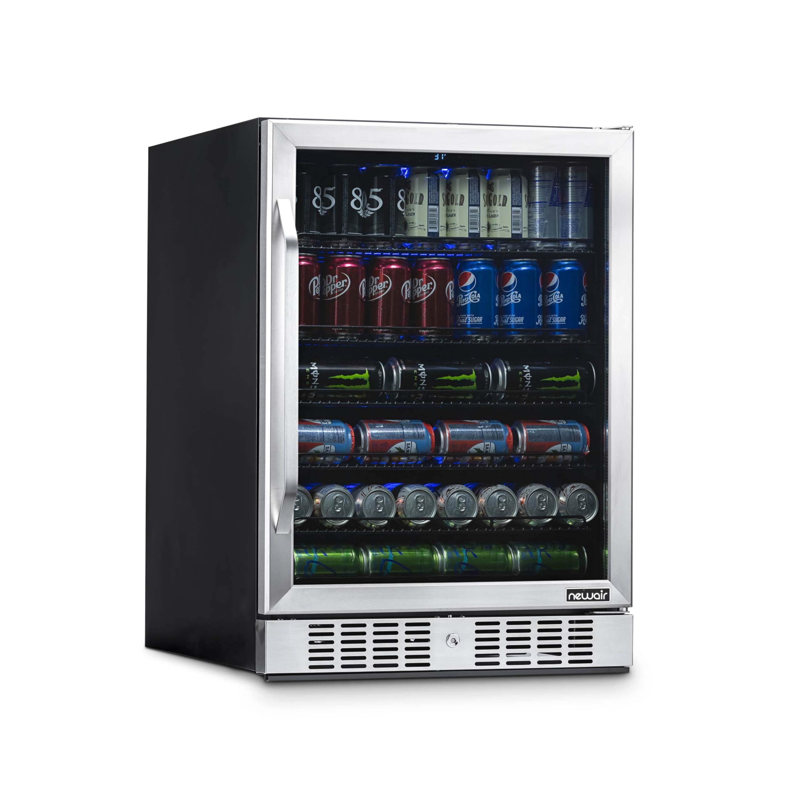 NewAir Beverage Refrigerator with Glass Door | 177 Can Mini Fridge for Bedroom, Dorm, Office, or Gaming Setup | Soda, Beer, and Wine Cooler | Stainless Steel | Fridge.com