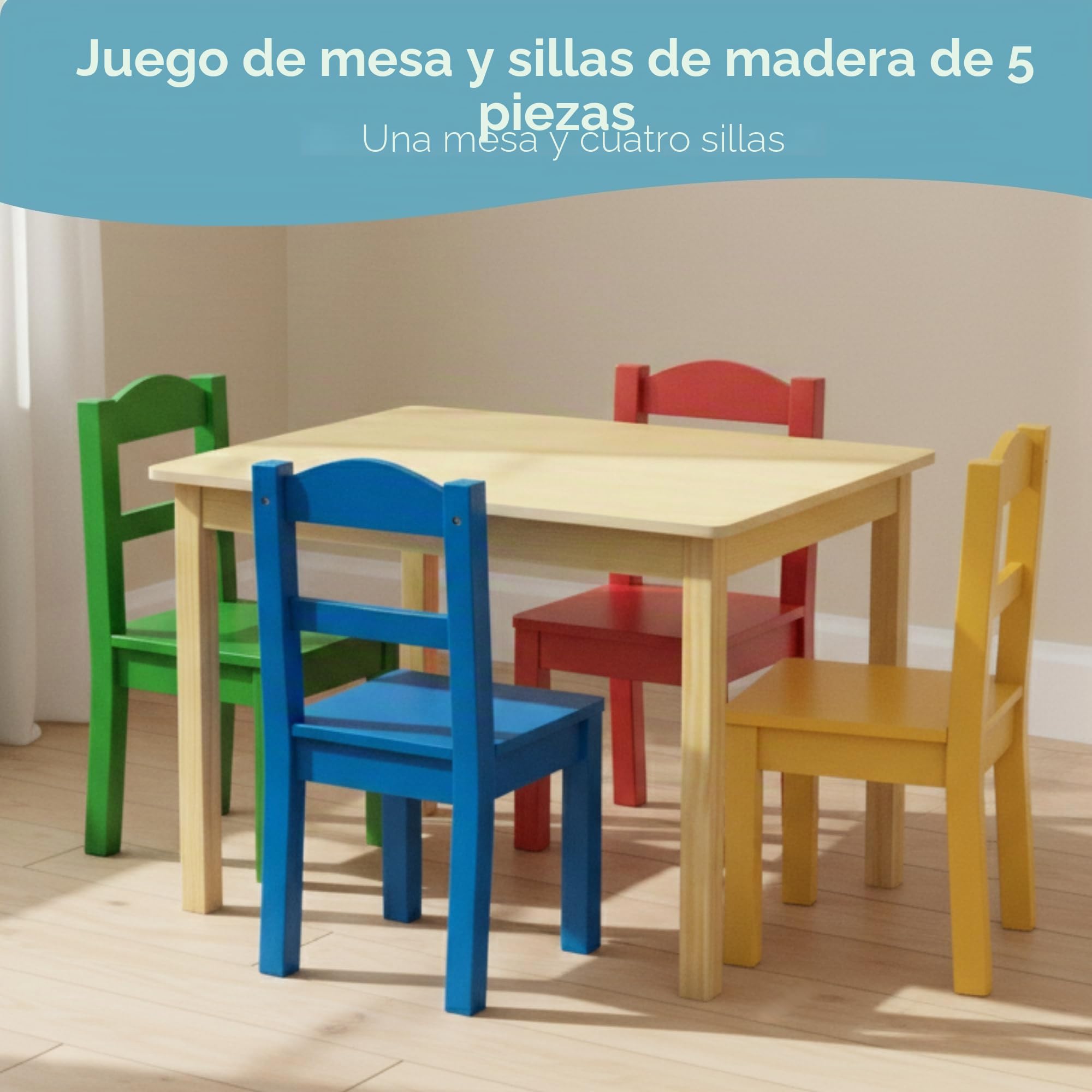 Humble Crew Juego Mesa Cuadrada Madera y 4 sillas: Natural/Colores primarios, diseño Alegre, Seguro para niños, fomenta Juego, Montaje fácil