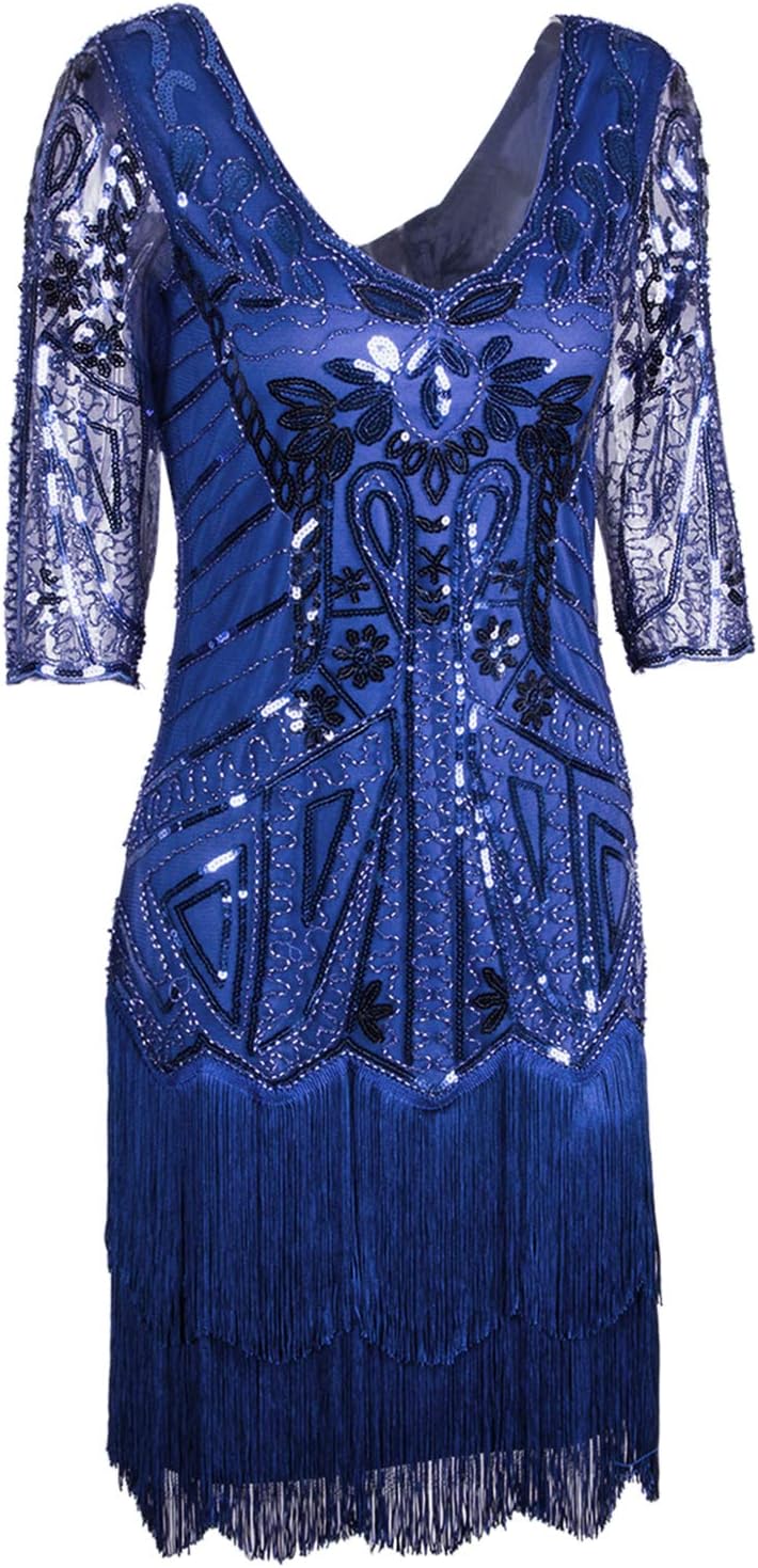 Vijiv Women's 1920s Flapper Dress V Neck Beaded Art Deco Tassel Cocktail Dresses with Sleeves - Image 2