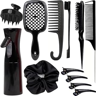 12 Pcs Hair Styling Brush Set with Detangler, Teasing, Rat Tail, Edge Brushes and Baby Hair Brushes - Soft Bristles for Baby Girls and Women (Black)