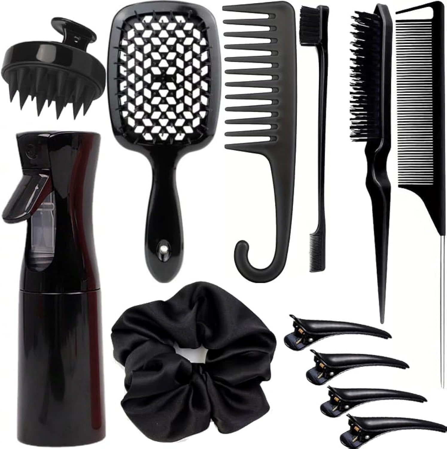 12 Pcs Hair Styling Brush Set with Detangler, Teasing, Rat Tail, Edge Brushes and Baby Hair Brushes - Soft Bristles for Baby Girls and Women (Black)