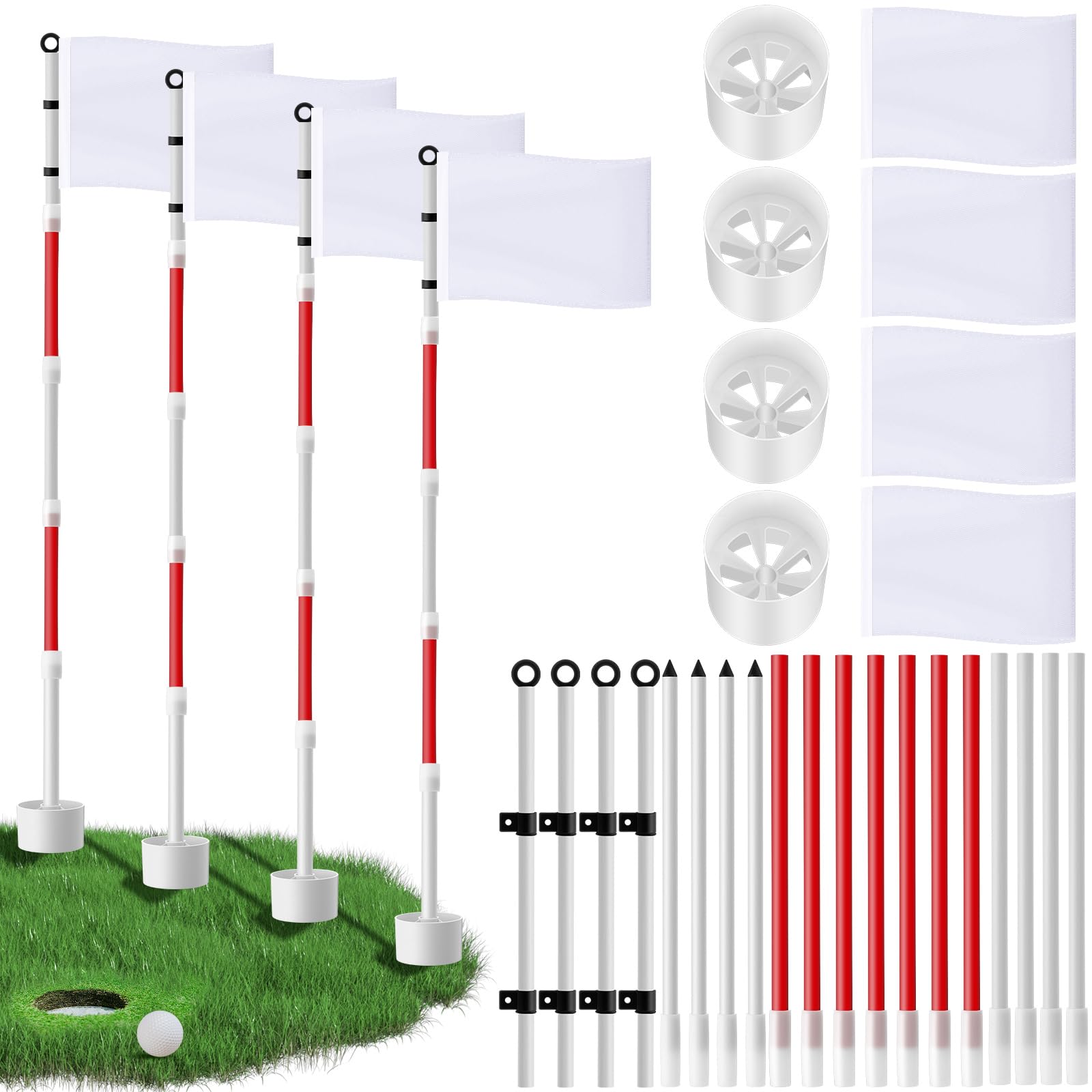 Photo 1 of Burbell 4 Pack Golf FlagStick 6ft Putting Green Flags Golf Hole Cup Pole Pin Flags for Driving Range Backyard Yard Putting Green and Chipping Greens Gifts (White,Blank Style)