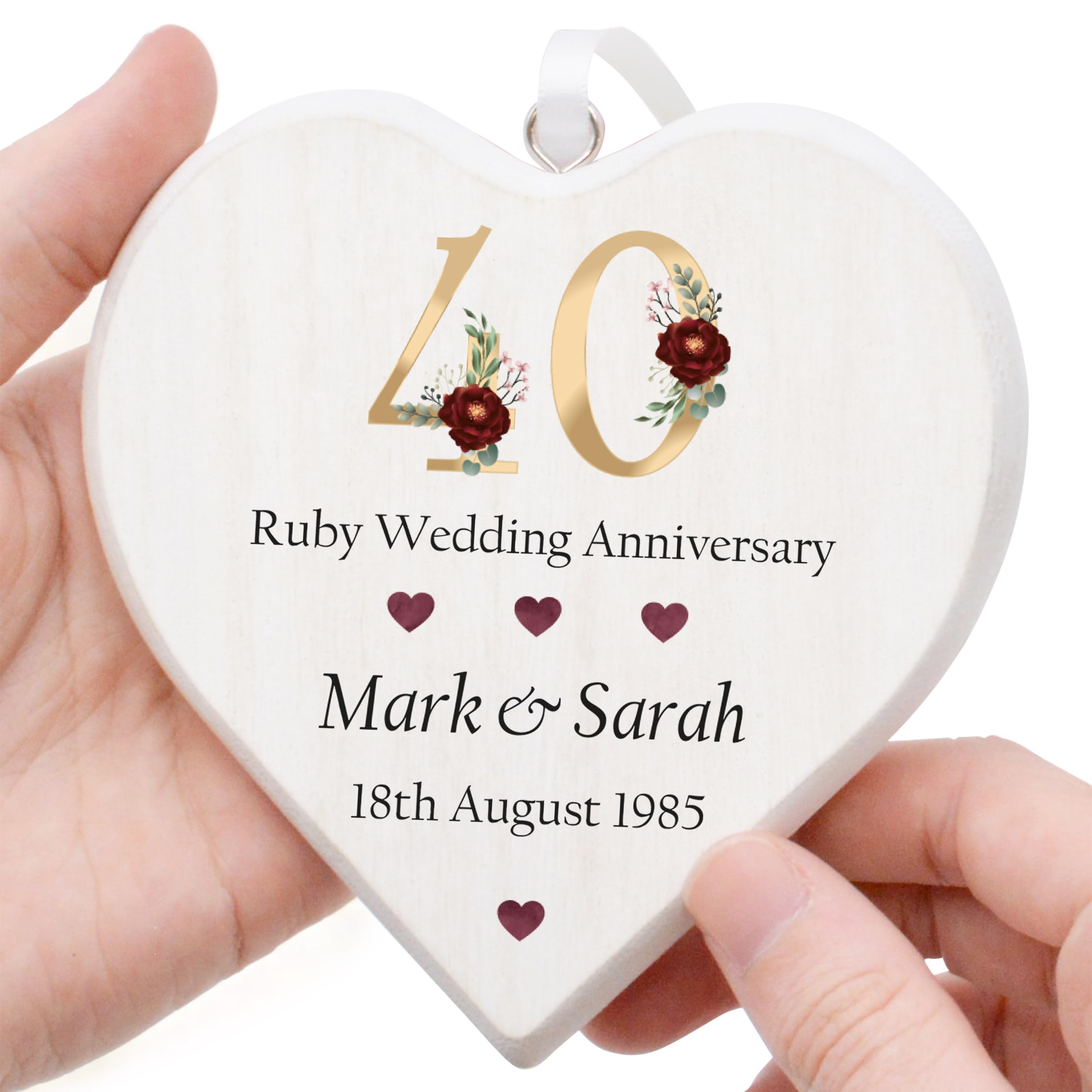 Beecreative Ruby Wedding Anniversary Gifts - Personalised 40th Wedding Anniversary Gift for Couples, Husband, Wife, Parents - Rustic Heart Ruby 40th Anniversary Ornament Present with Grey Bag