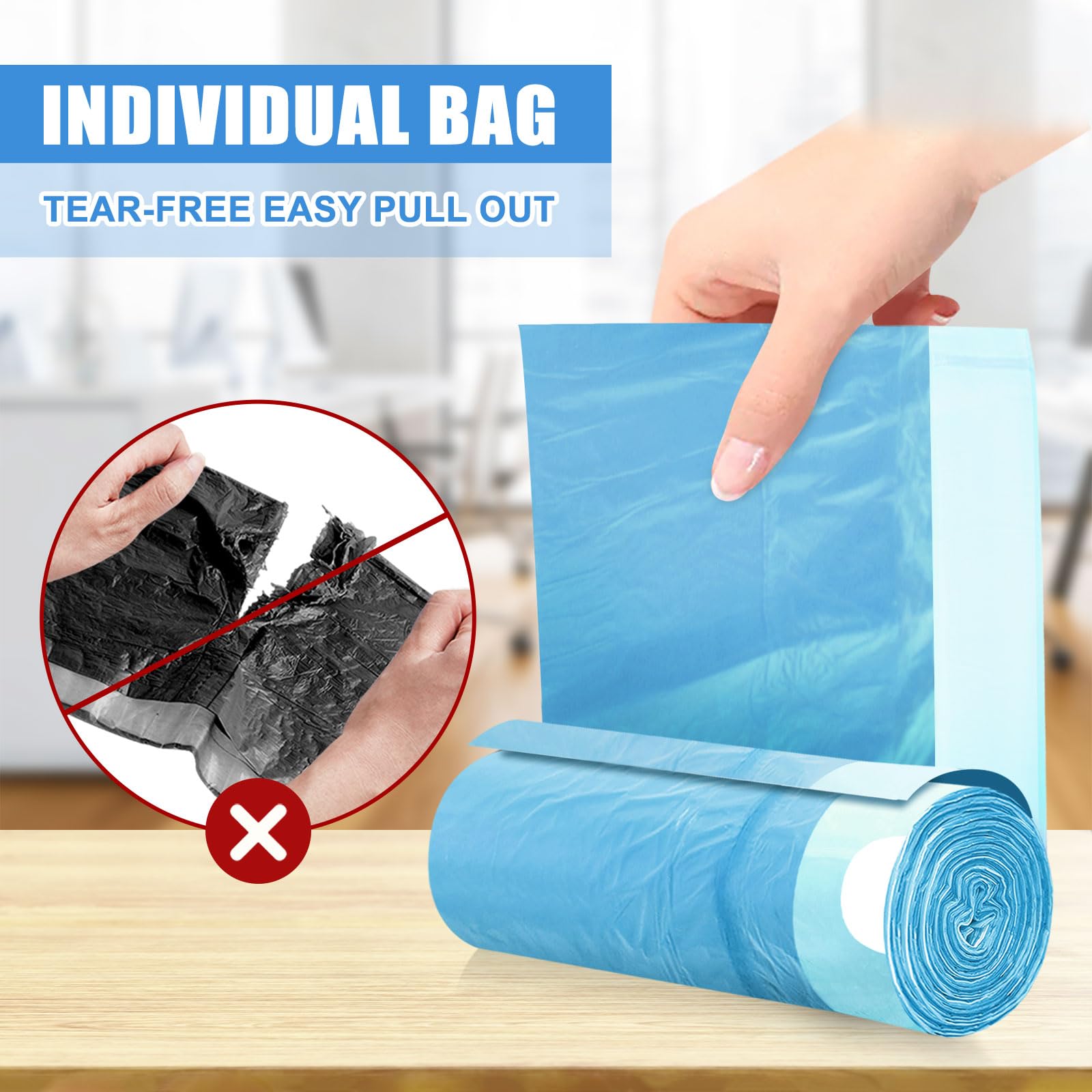 Bolsas de basura biodegradables de 4 galones, bolsa de basura con cordón, fácil de separar, reciclaje, gruesas, resistentes, para cocina, dormitorio, baño, oficina (100 unidades, azul)