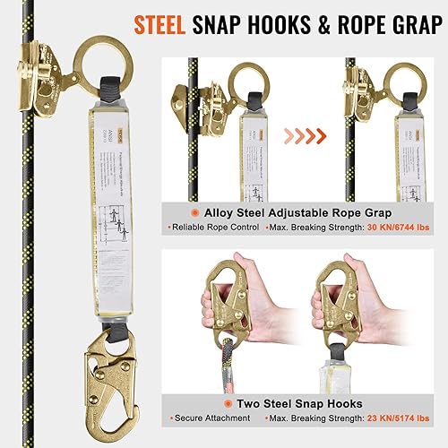 Miniatura 5 de VEVOR Conjunto de línea de vida vertical, cuerda de protección contra caídas de 0.55 pulgadas x 100 pies con tensión de rotura de 30 KN, cuerda de