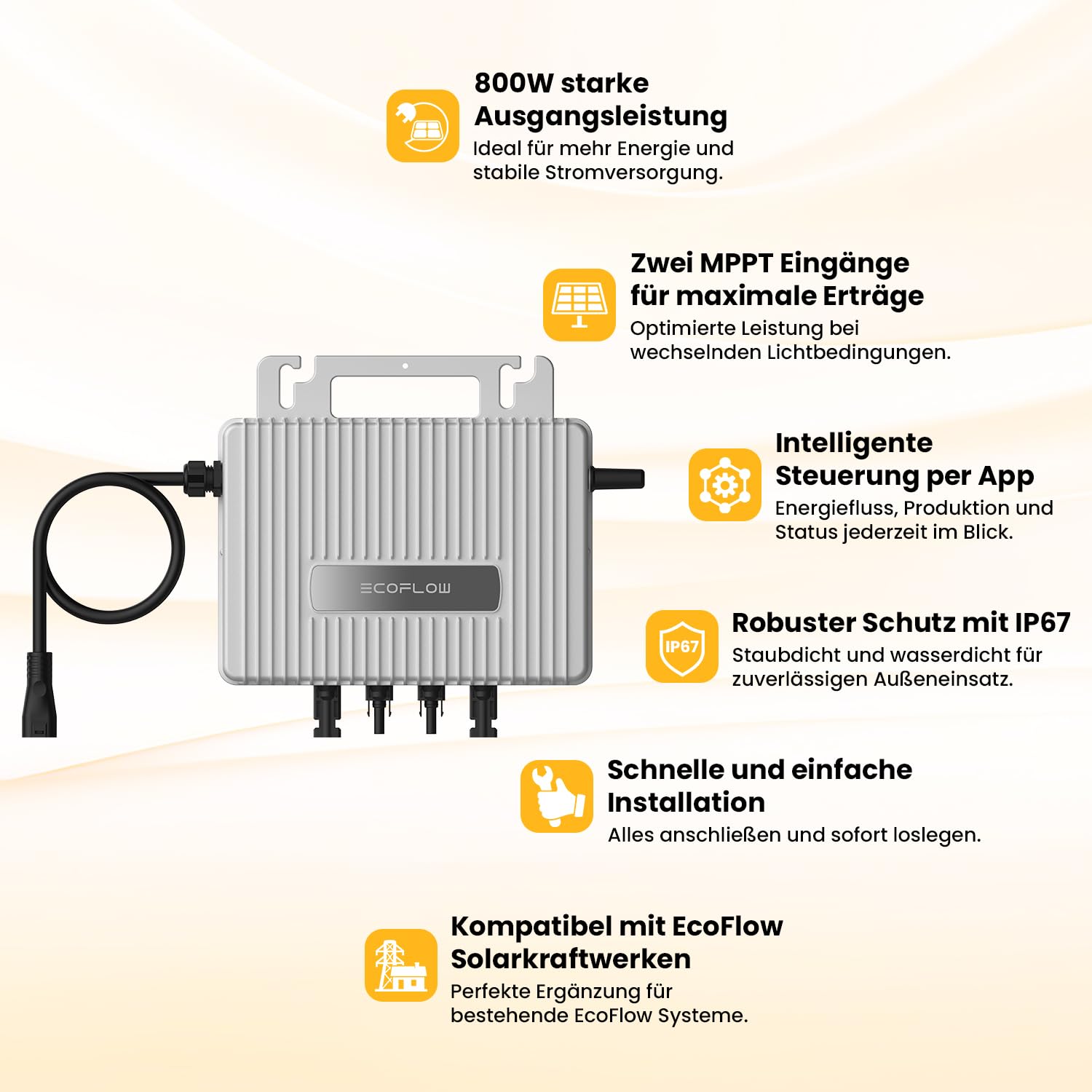 Powerness® EcoFlow Stream Mikro-Wechselrichter 800W, Intelligenter WLAN-Solarwechselrichter für Balkonkraftwerke, für 2 Solarpanels, IP67 wasserdicht, MPPT-Technologie, App-gesteuert (0% MwSt)