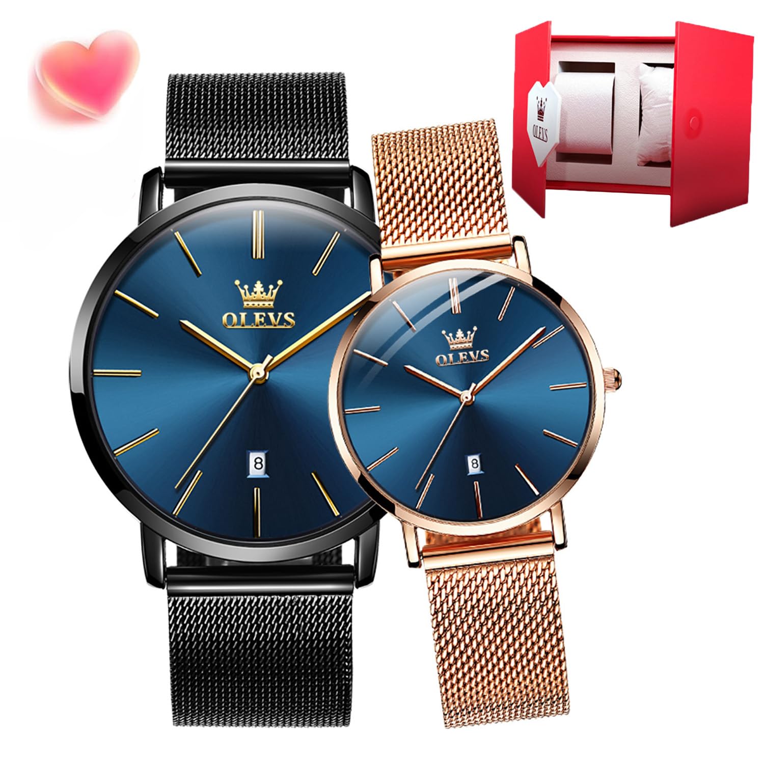 OLEVS Paar Paar Quarz-Uhren, leuchtender Kalender, Datumsfenster, 3 ATM wasserdicht, lässig, Edelstahl, für Sie und Ihn, Armbanduhr für Männer, Frauen, Liebhaber, Hochzeit, romantisch, G5869-schwarz
