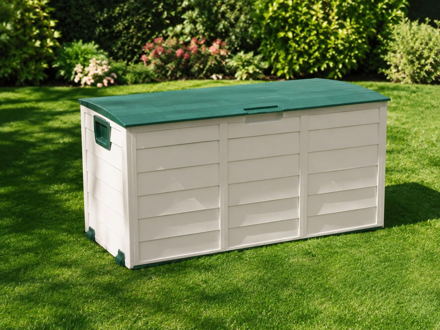 M-V-O Extra Large 270L Outdoor Garden Storage Box Weatherproof Lockable Deck Chest Green Wood Effect Heavy Duty Patio Cushion Storage Organizer Easy Assemble No Tools Required