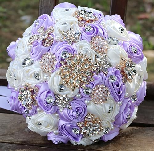 Miniatura 5 de Ramo de novia de satén hecho a mano de 8.7 pulgadas, ramo de boda redondo, ramo de flores artificiales, marfil + morado claro