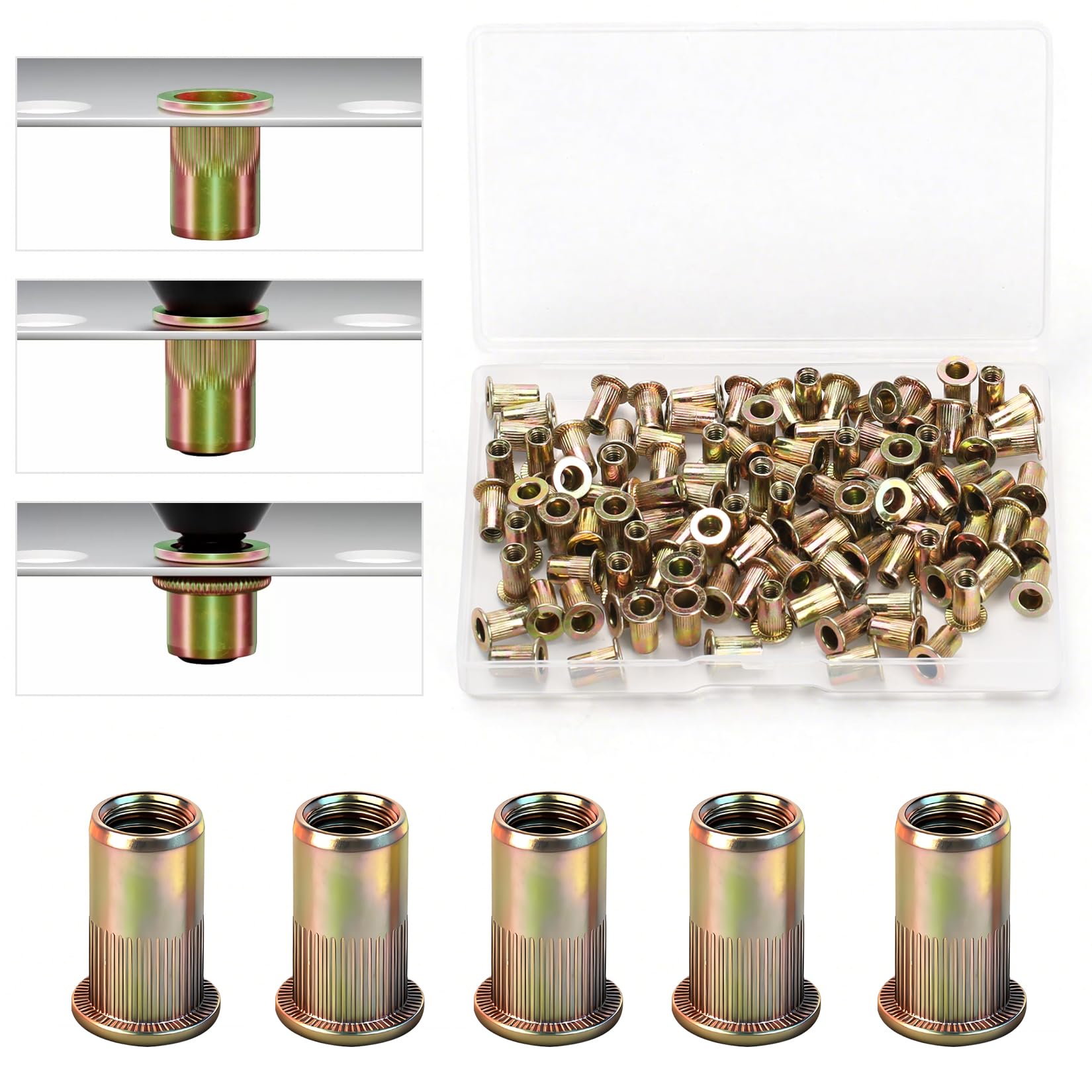 105 Pieces M3 Rivet Nuts, Galvanized Blind Nuts, Threaded Inserts, Flat Round Head for Sheet Metal Plates, Tubes and Appliances.
