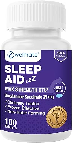 WELMATE - Ayuda para dormir nocturno - Succinato de doxilamina 25 mg - para adultos y niños mayores de 12 años - 100 tabletas