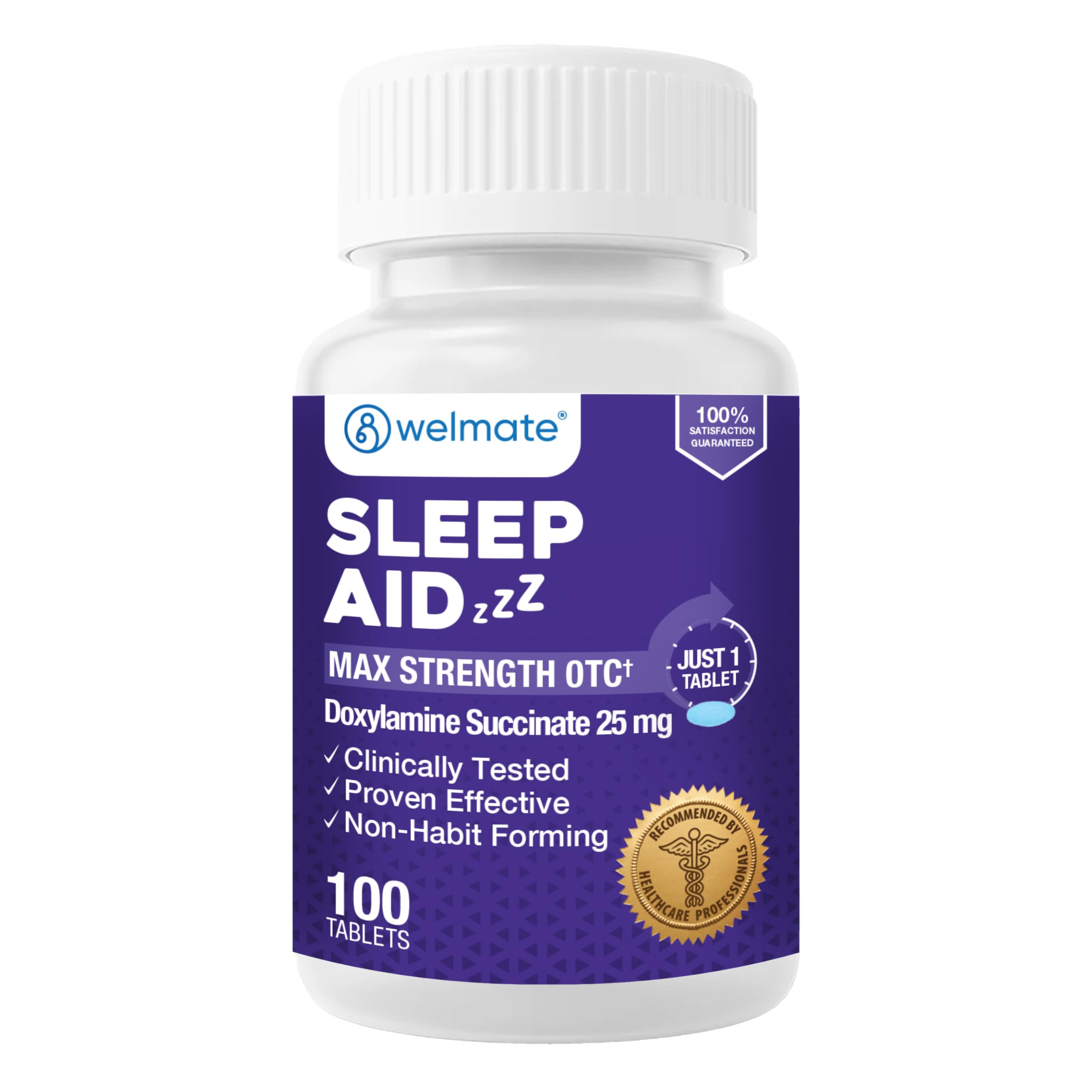 WELMATE - Nighttime Sleep Aid - Doxylamine Succinate 25 mg - for Adults & Children 12+ - 100 Tablets