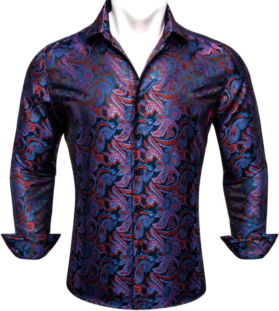 Shirts for Men Silk Long Sleeve Red Paisley Embroidered Slim Fit Male Blouses Casual Breathable Tops