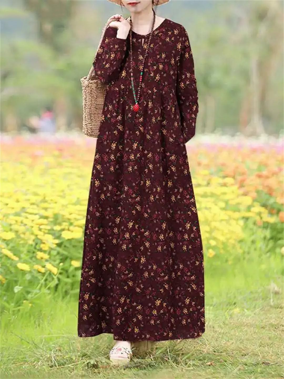 Damska sukienka vintage szlafrok Femme długi rękaw kwiatowy nadruk świąteczna długa sukienka Vestido