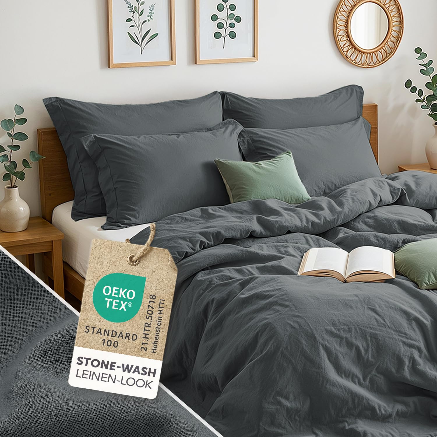Blumtal Bettwäsche 135x200 Leinen Optik 2teilig mit Kissenbezug 40x80cm - Bettbezug leinenartige Baumwolle, ähnlich zu Leinen Bettwäsche 135 x 200 cm - Oeko-TEX zert. Stone Washed Bettbezug Anthrazit