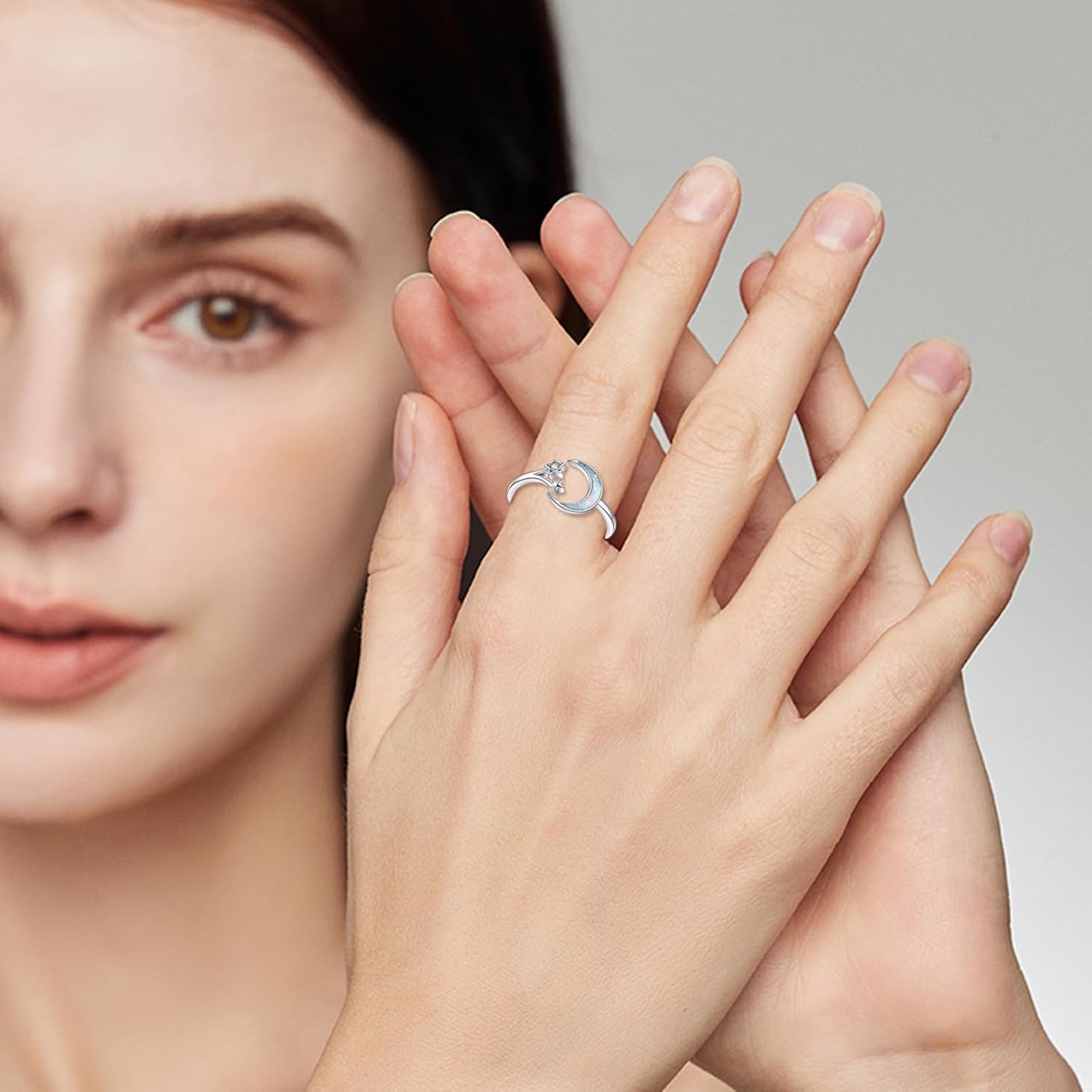 Moon Star Ring for Women 925 Sterling Silver Opal Crescent Adjustable Open Ring Celestial Jewelry for Girls - Image 2