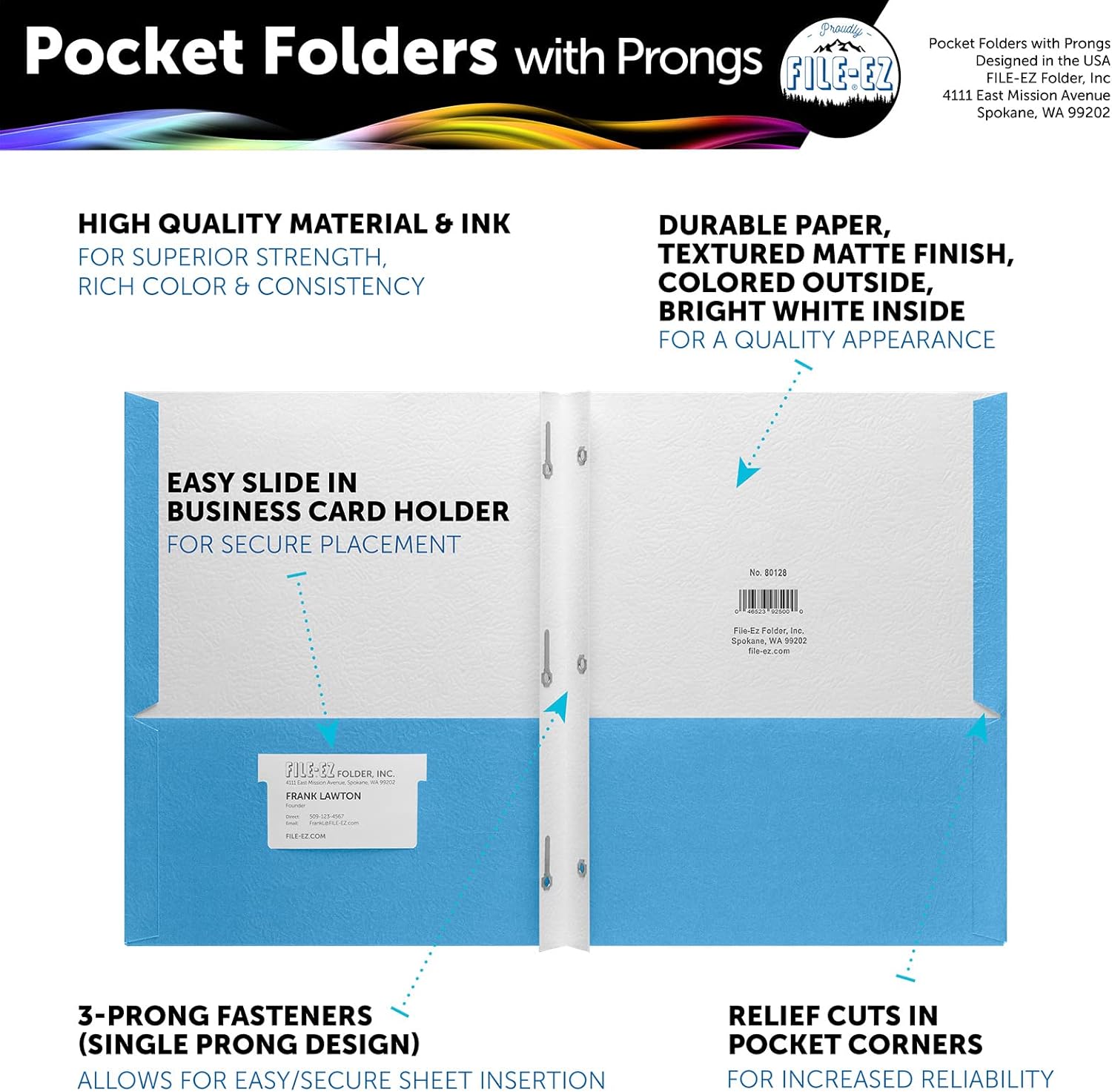FILE-EZ Two-Pocket Folders with 3-Prong Fasteners, Light Blue Color, 25-Pack, Durable Textured Paper, Matte Finish, Letter Sheet Size (EZ-92520)