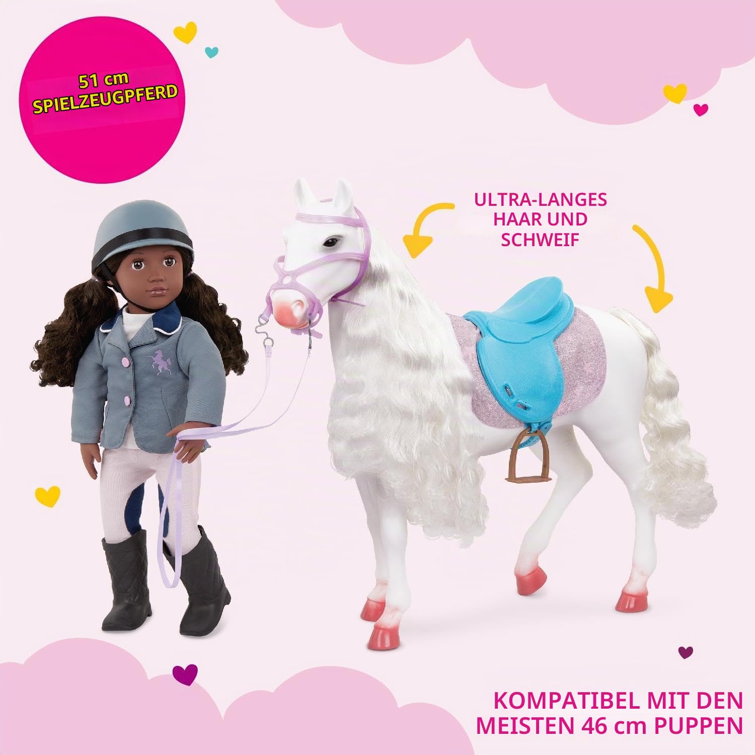 Our Generation | Pferd Camarillo Hair Play weiß mit Styling-Zubehör und Sattel | für Puppe 46 cm