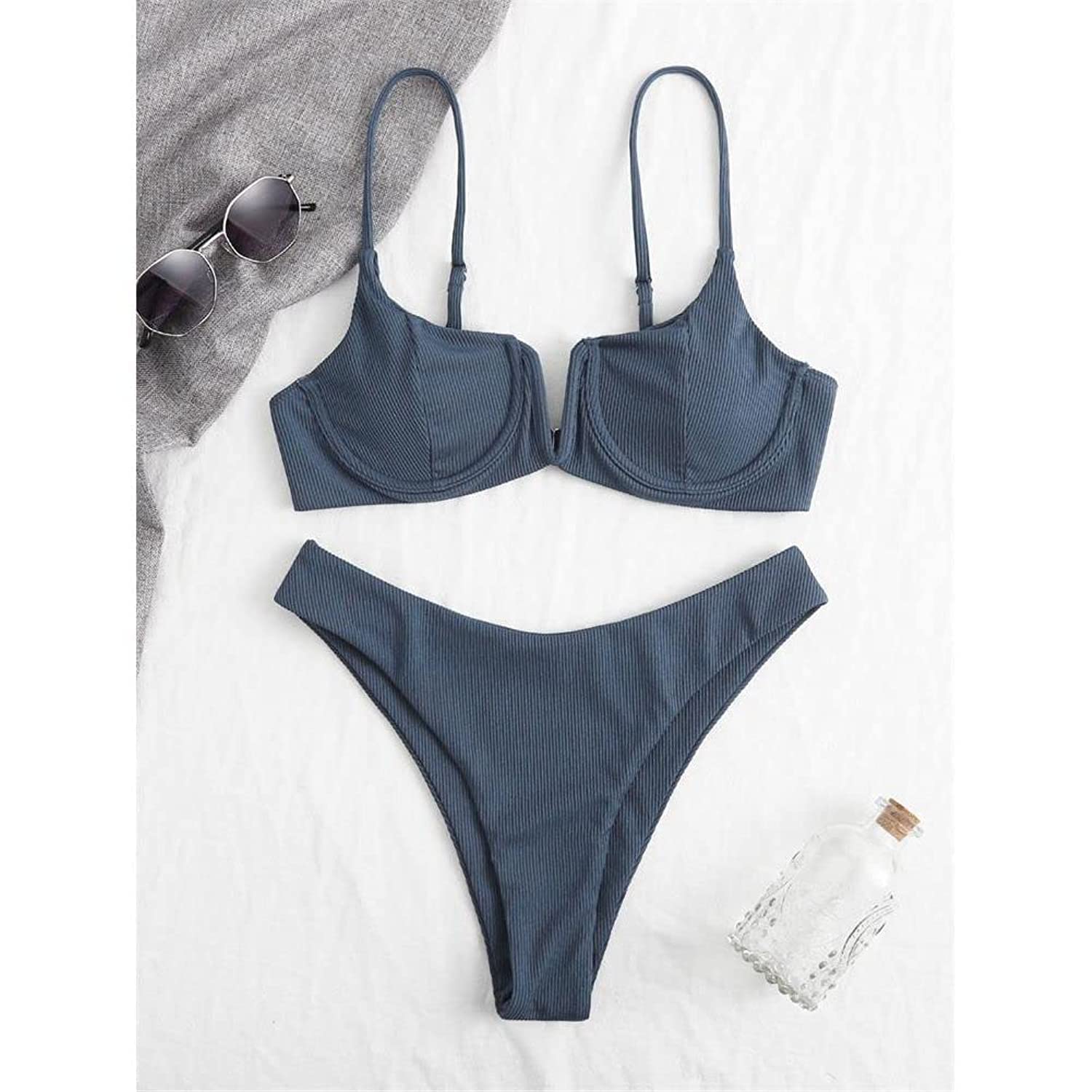 JFYZLTJFYZLT Push Up Bikini Thong Women Swimsuit Solid V Neck Ribbed Swimwear Bikinis Set Summer Beachwear Bathing Suit For Female