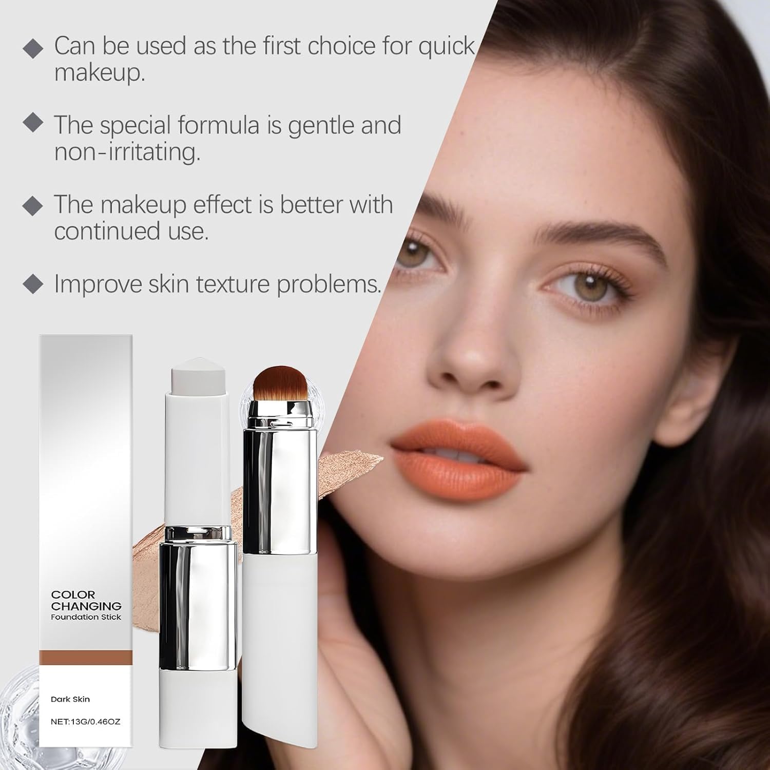 Stick Fond de Teint Coréen Auto-Adaptable - Base de Teint 2-en-1 avec Pinceau, Longue Tenue, Fini Naturel Lumineux, pour Peaux Normales à Sèches et Mixtes (Naturel) - 4