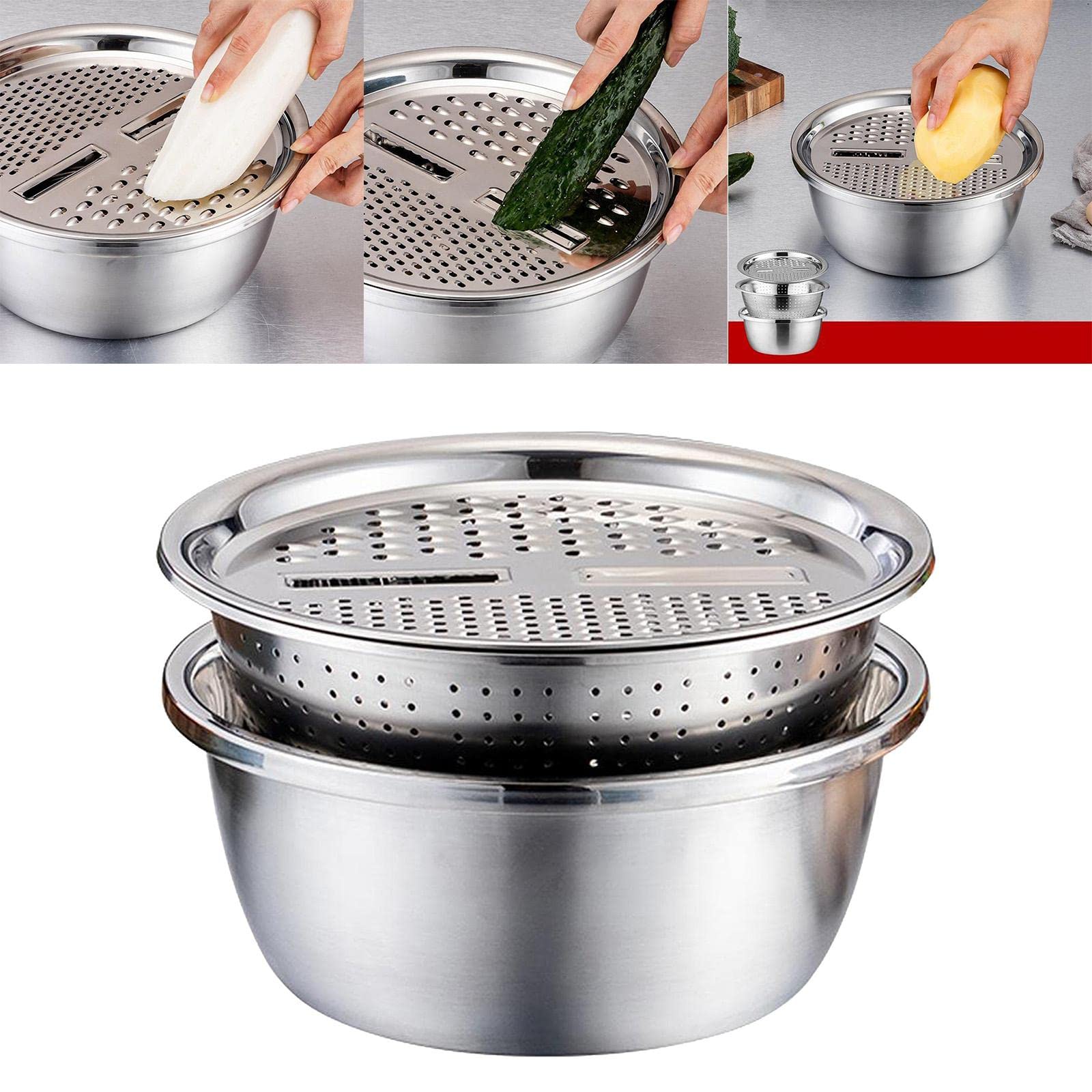 2 Set Edelstahl Küchensieb mit Gemüseschneider und Siebkorb, Salatbereiter Schüssel und Reibe, stapelbares Design